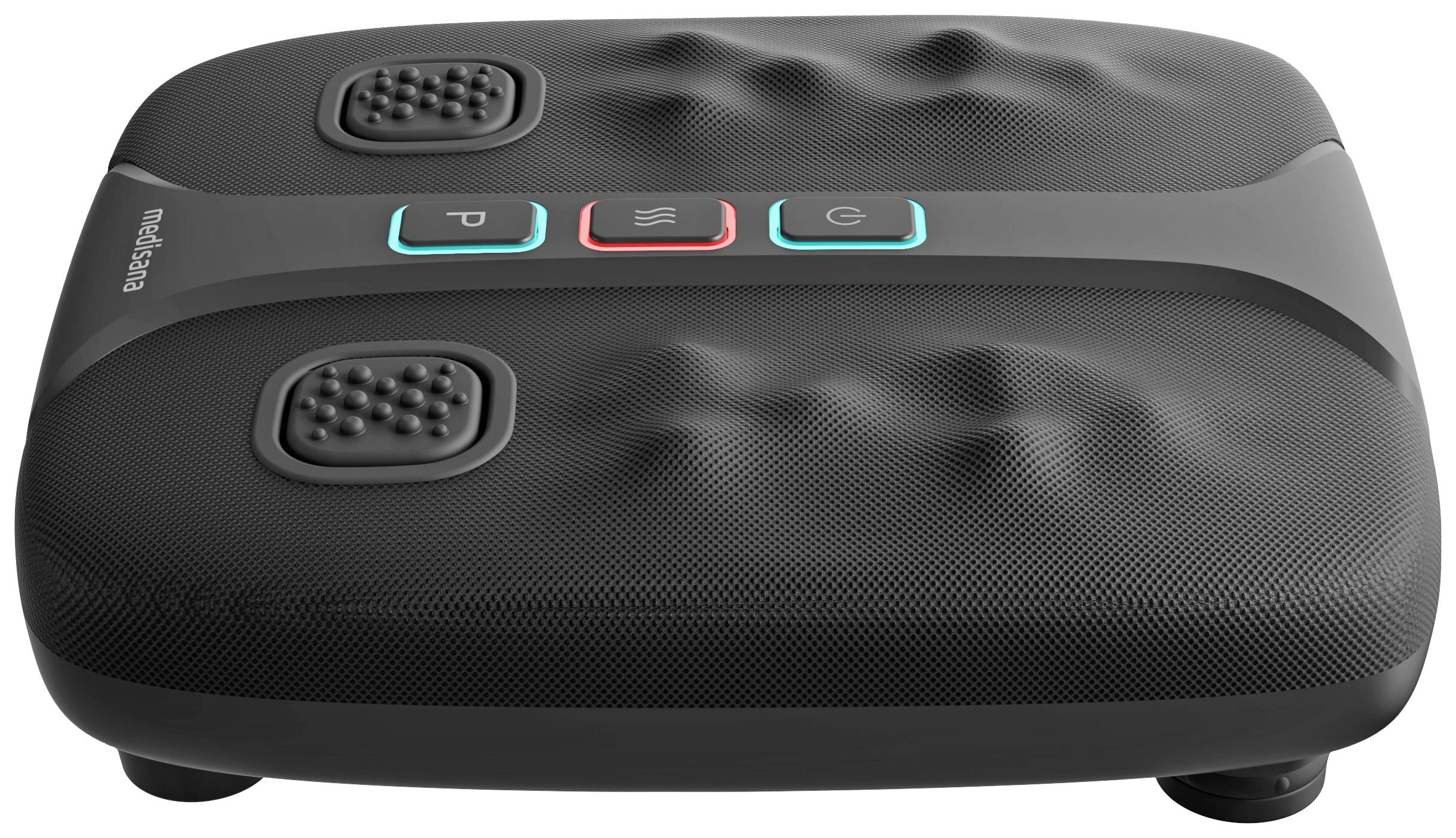 Schwarzes elektrisches Fußmassagegerät mit Tasten für Power, Funktion und Intensität. Oberseite mit strukturierter Oberfläche für Massage.