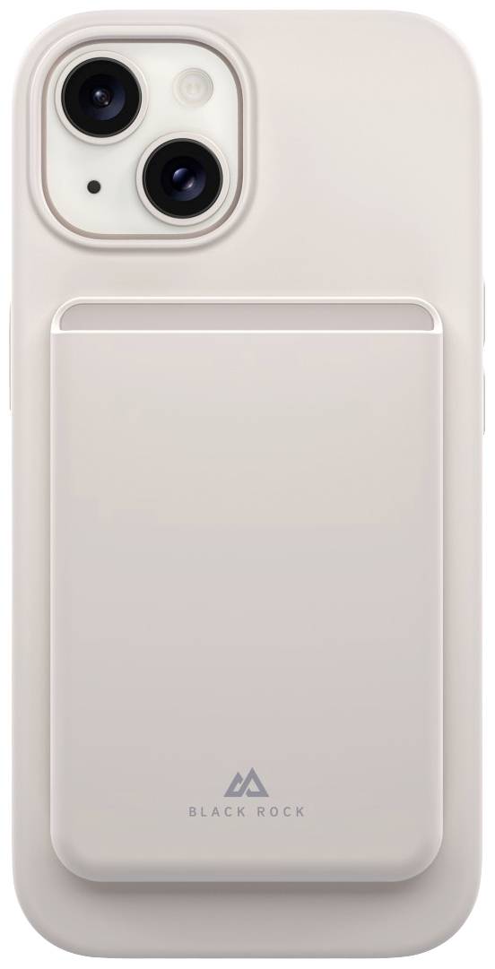 Eine weiße Smartphone-Hülle der Marke 'Black Rock' mit Kartenfach auf der Rückseite, passend für ein Telefon mit zwei Kameralinsen.
