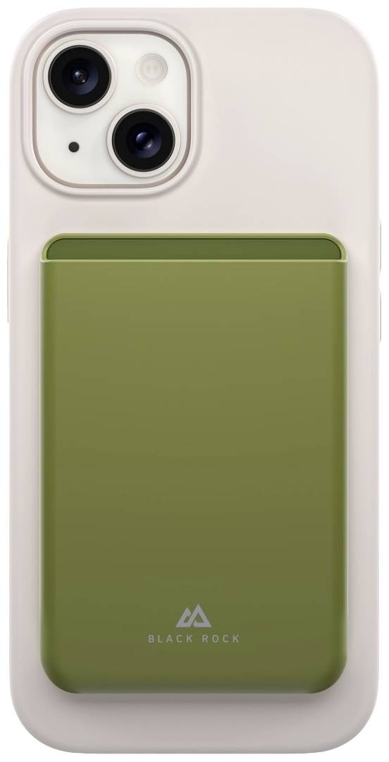 Ein Smartphone mit einer rosa Hülle, auf der Rückseite ist eine grüne Powerbank befestigt. Darauf steht 'Black Rock'.