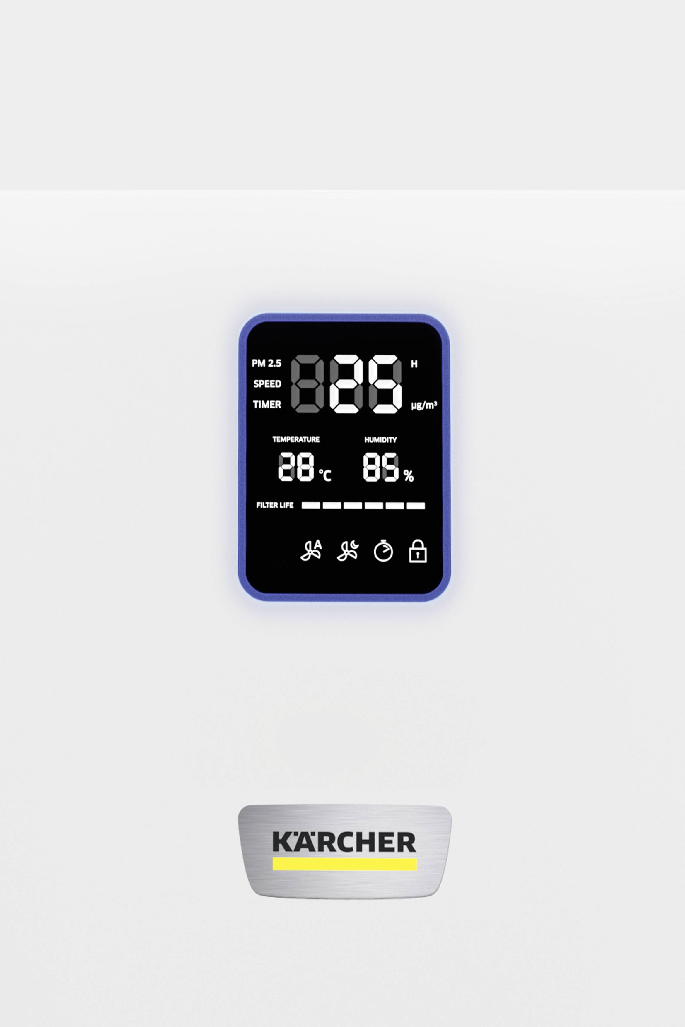 Bild eines Luftreinigers mit Digitalanzeige. Zeigt PM2.5, Geschwindigkeit, Temperatur (28°C), Luftfeuchtigkeit (85%) und Timer. Darunter 'Kärcher'-Logo.