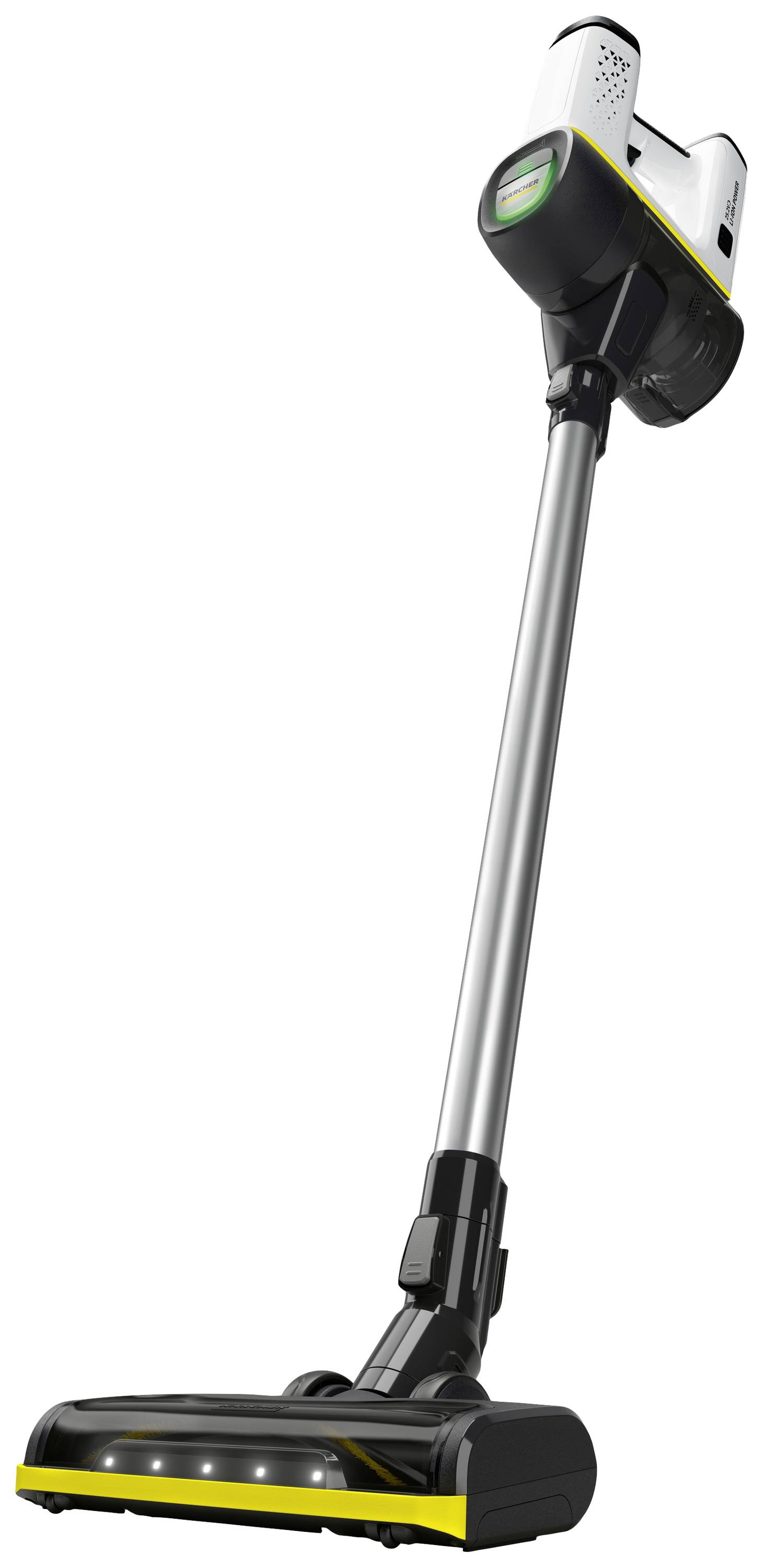 Kabelloser Staubsauger mit LED-Leuchten an der Bodendüse, langem Griff und modernem Design für einfache Reinigung.