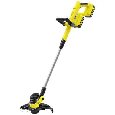 Ein gelber Akku-Rasentrimmer, aufrecht stehend, mit ergonomischem Griff und Schutzschild über dem Schneidkopf.