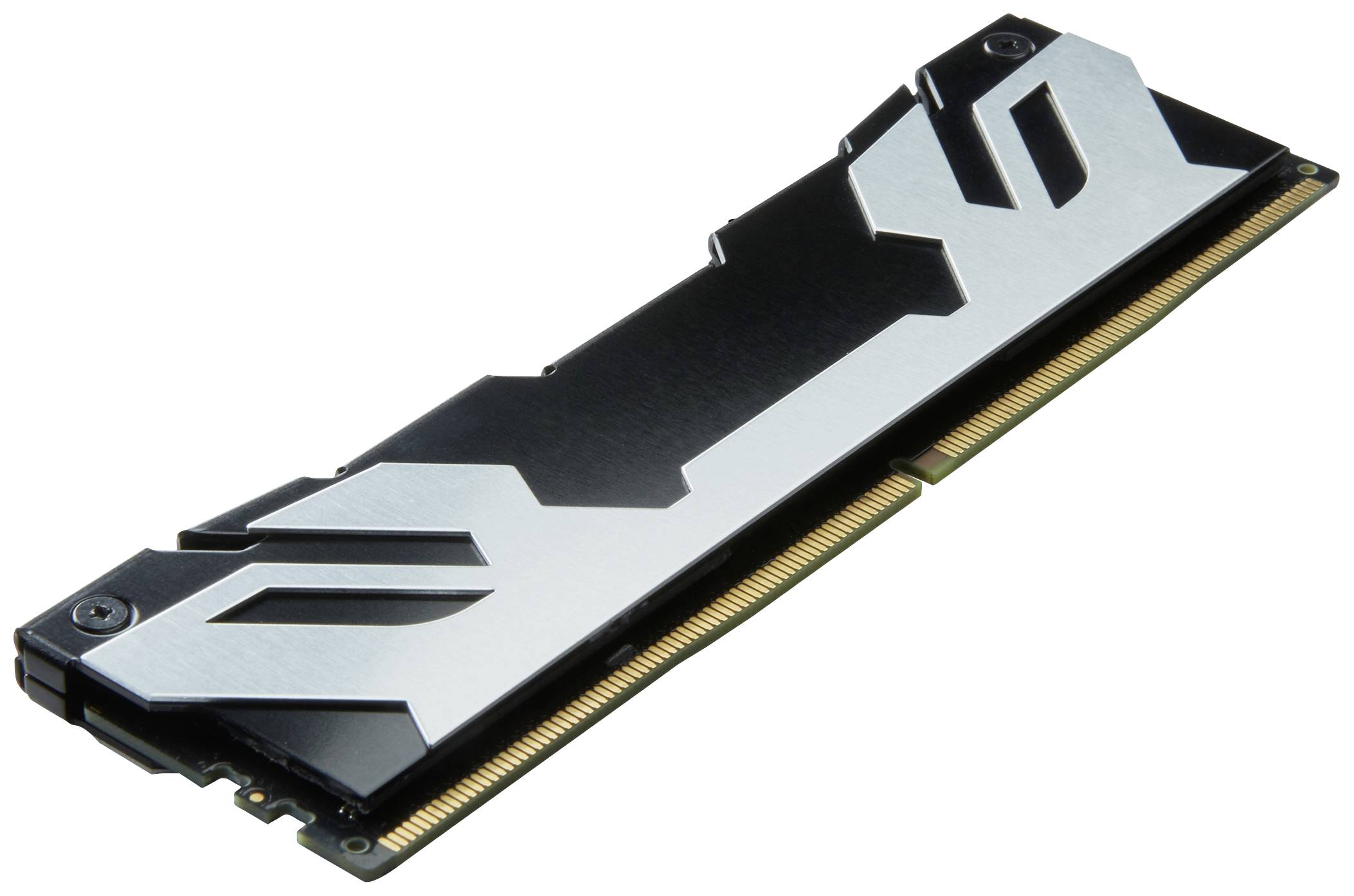 Ein einzelner RAM-Speicherriegel mit einem schwarz-silbernen Kühlkörper, rechteckige Form mit goldenen Kontakten an der Unterseite.