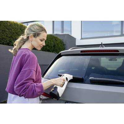 Eine Person reinigt das Heckfenster eines Autos mit einem Fenstersauger. Im Hintergrund sind ein Haus und Büsche zu sehen.