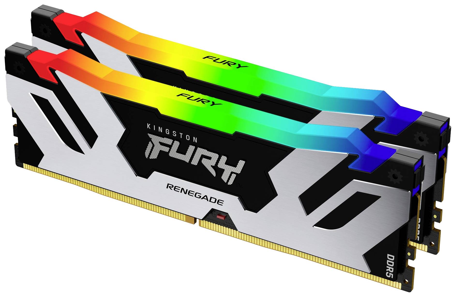 Zwei Kingston Fury Renegade DDR5-RAM-Module mit RGB-Lichteffekten in Regenbogenfarben auf der Oberseite.