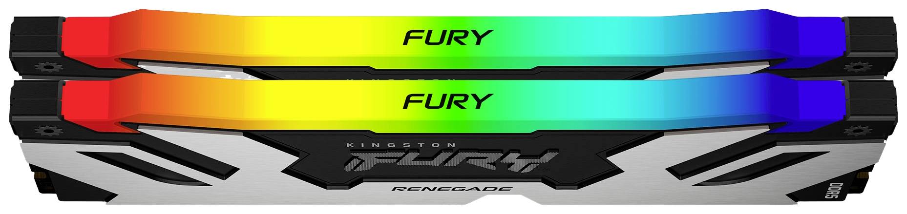 Zwei Kingston FURY Renegade RGB-Speichermodule mit Regenbogen-Beleuchtung, übereinander liegend, auf weißem Hintergrund.