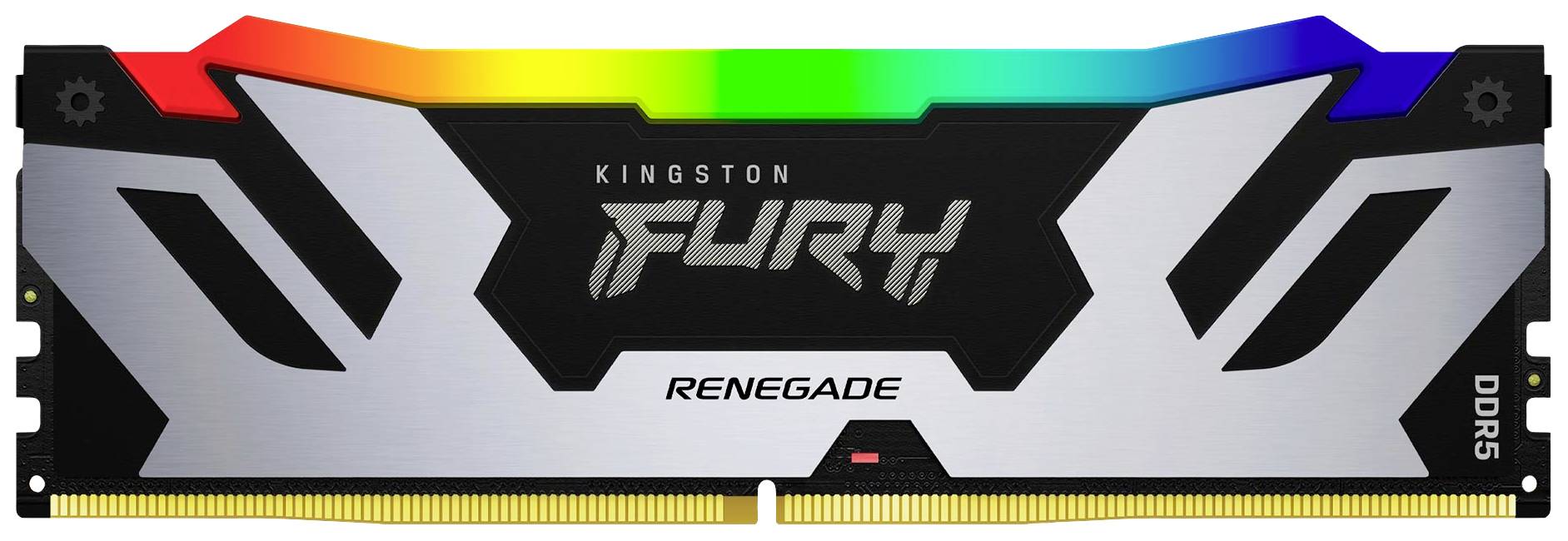 RAM-Modul von Kingston mit RGB-Beleuchtung, Modell 'Fury Renegade', DDR5-Technologie, zeigt eine moderne und farbenfrohe Gestaltung.