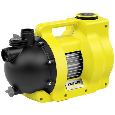 Eine gelbe Wasserpumpe mit schwarzem Einlass. Beschriftung: 'KÄRCHER'. Dieses Modell eignet sich für Gartenbewässerung und Hauswasserwerke.