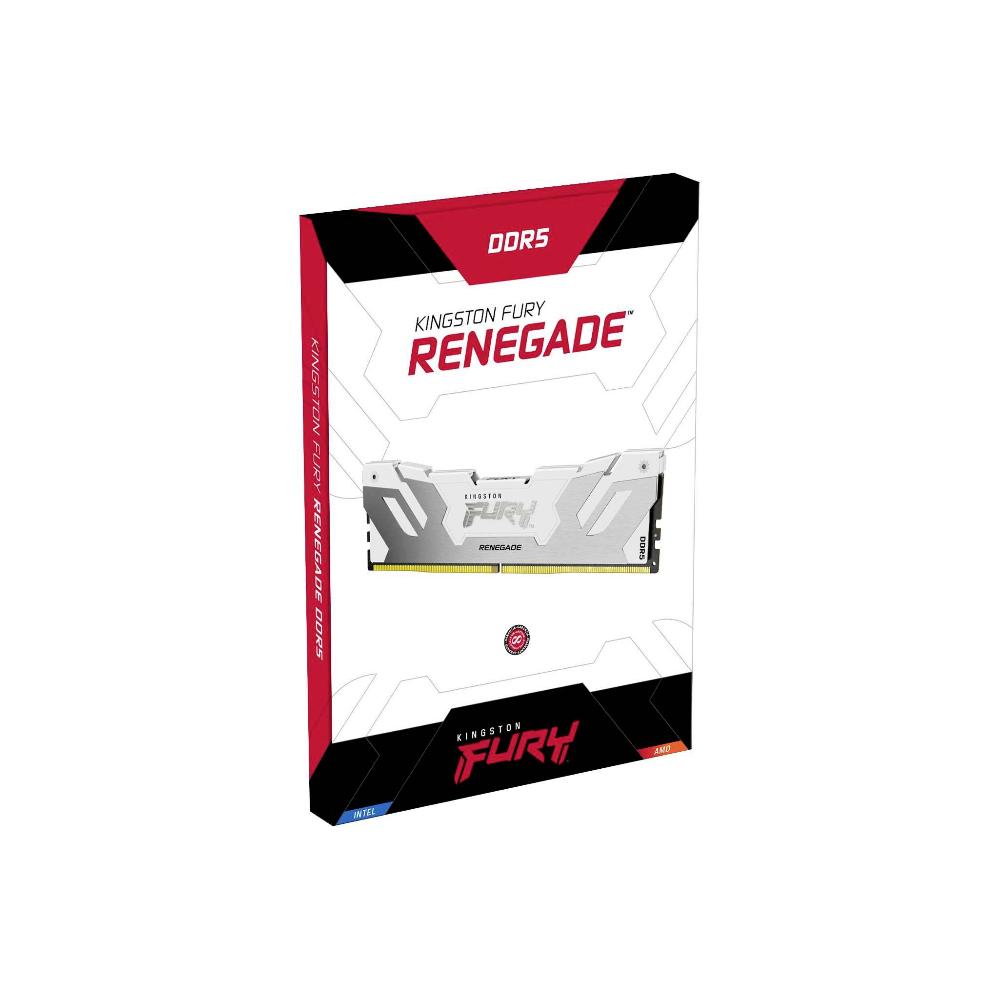 Verpackung der Kingston Fury Renegade DDR5-RAM, schwarze und weiße Gestaltung, zeigt das modulare Speicherdesign auf der Vorderseite.
