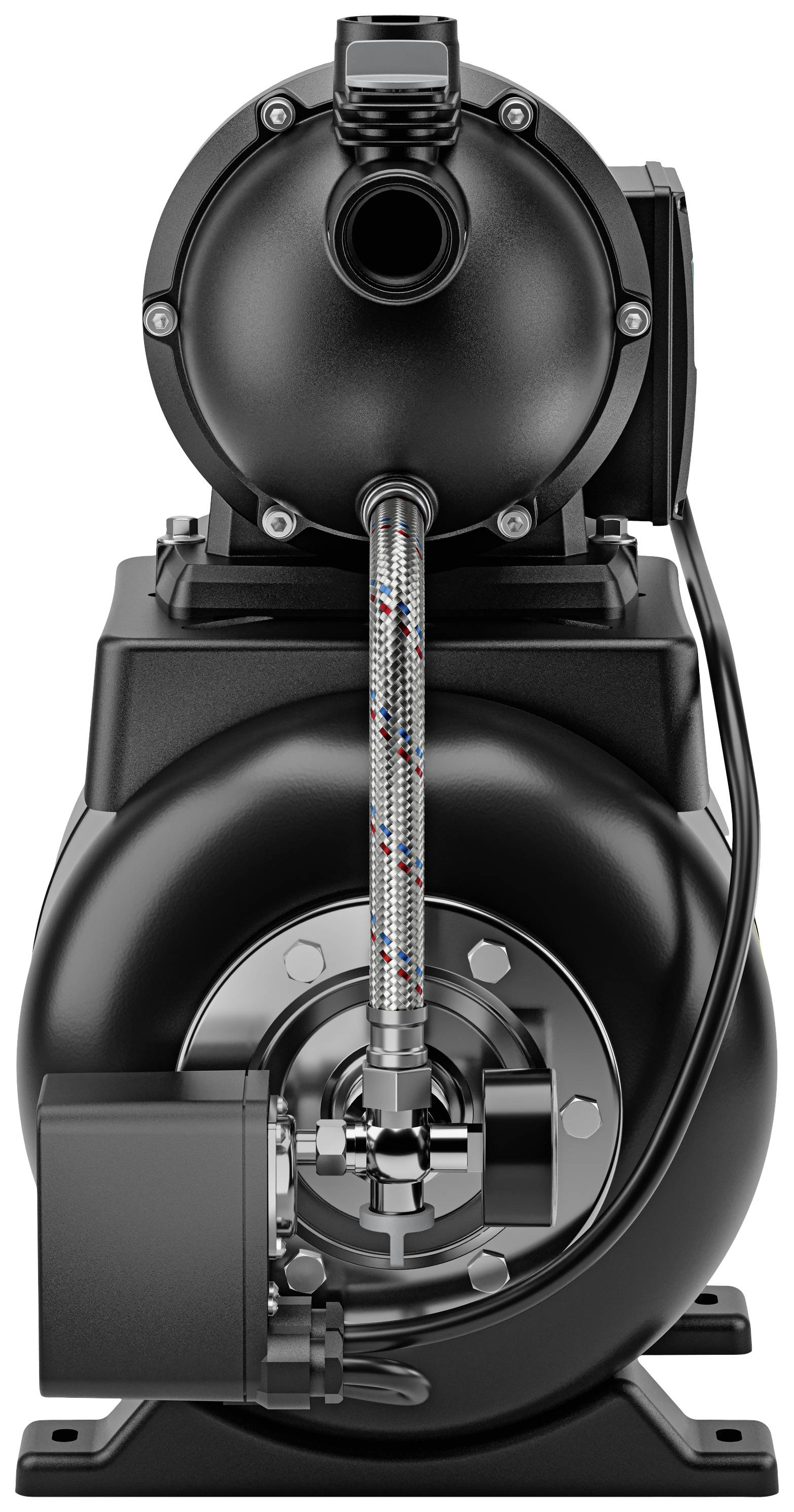 'Schwarze Wasserpumpe mit Metallrohr und Kabel, zentral platziert und frontal abgebildet. Technisches Gerät ohne sichtbare Markenkennzeichnung.'