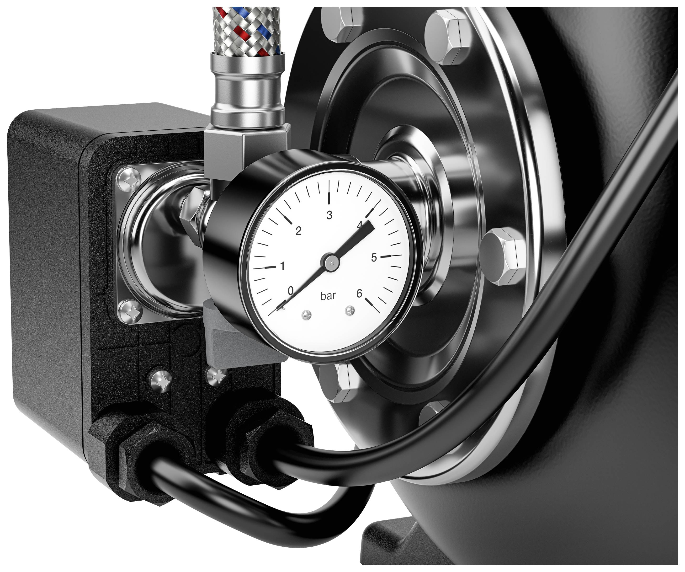 Manometer an einer Metallflanschverbindung, zeigt Druck in Bar an. Verbunden mit einem schwarzen elektrischen Schaltkasten.
