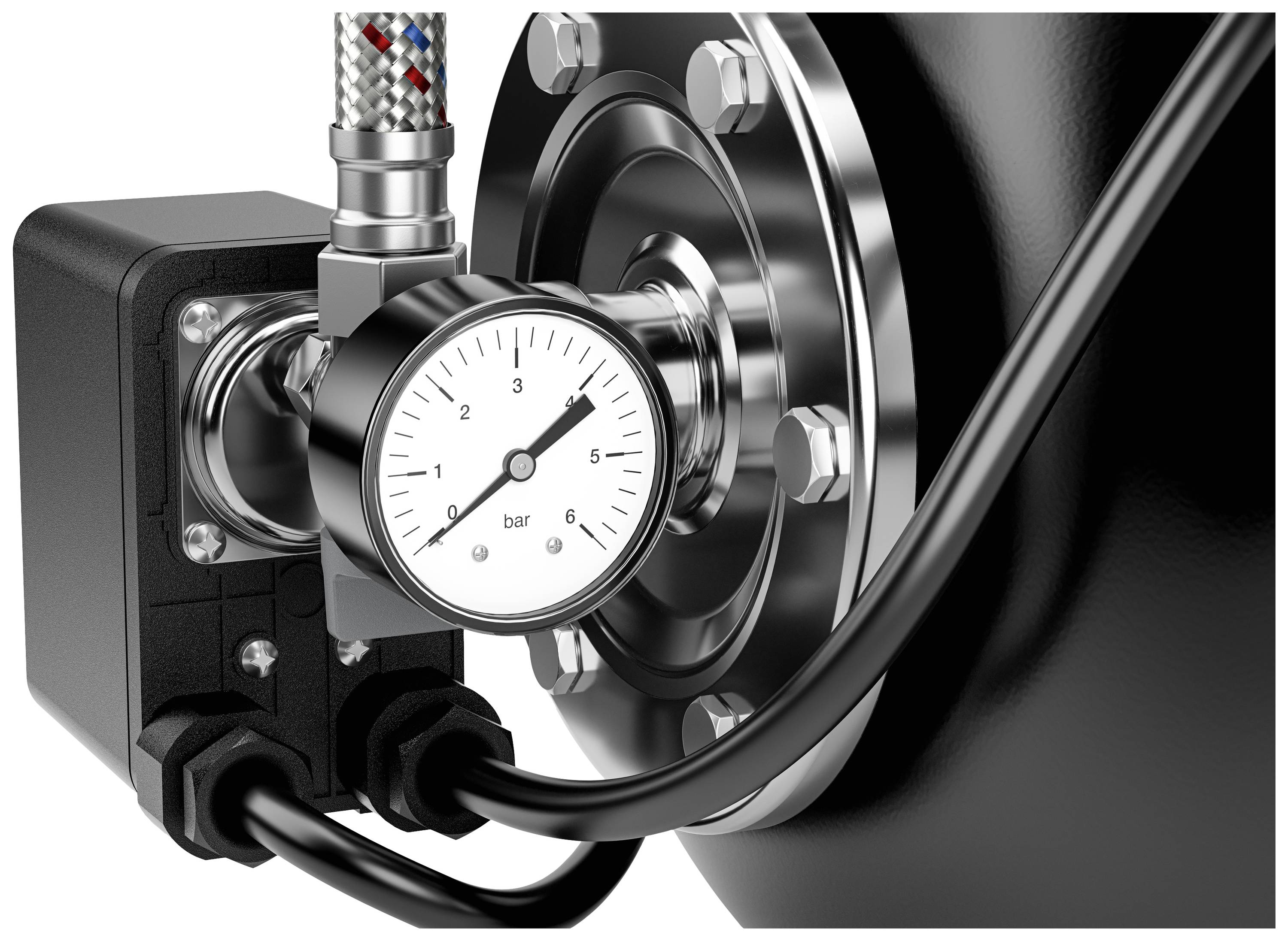 Nahaufnahme eines Manometers, das an ein Metallrohrsystem angeschlossen ist, zeigt einen Druck von knapp 3 bar an.