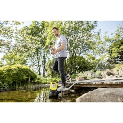 Ein Mann steht auf einem Holzdeck und benutzt eine Tauchpumpe in einem Teich. Der Hintergrund ist ein grüner Garten mit Bäumen.