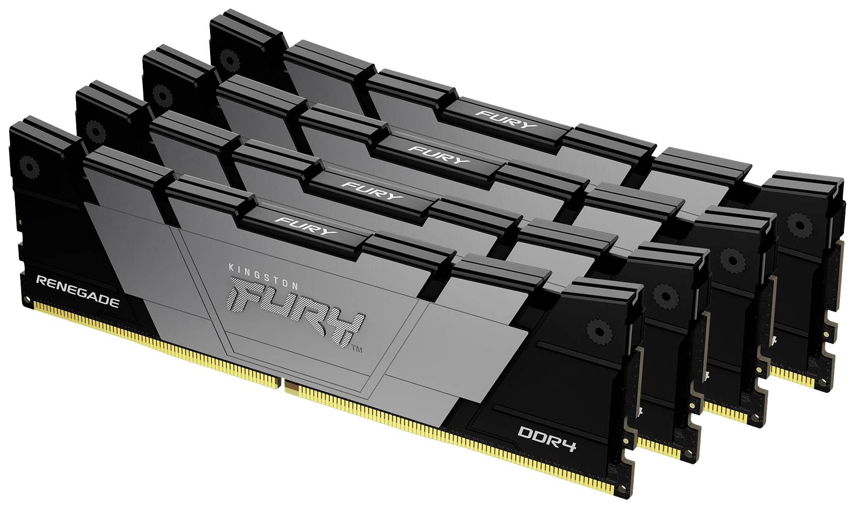 Vier schwarze DDR4-RAM-Module der Marke 'Kingston Fury Renegade' sind in einer schrägen Anordnung dargestellt.