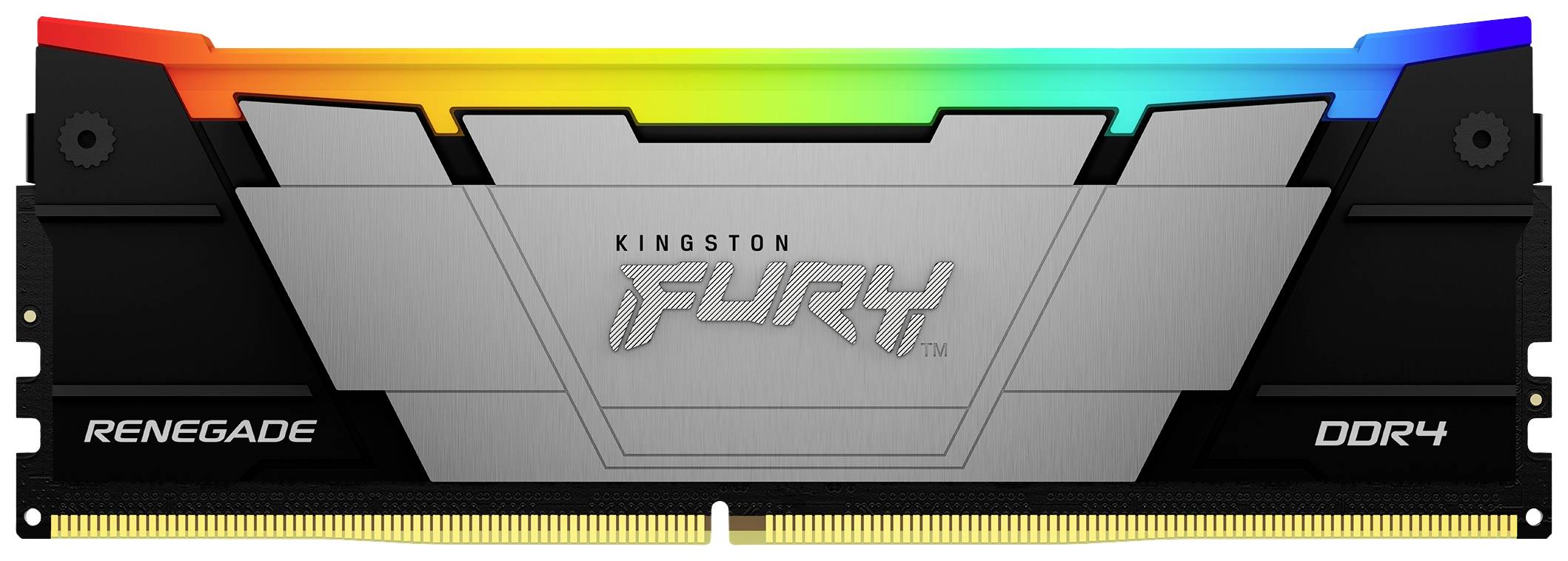 Ein schwarzer DDR4-RAM-Speicherriegel von Kingston mit RGB-Beleuchtung oben. Modellbezeichnung: 'FURY Renegade'.