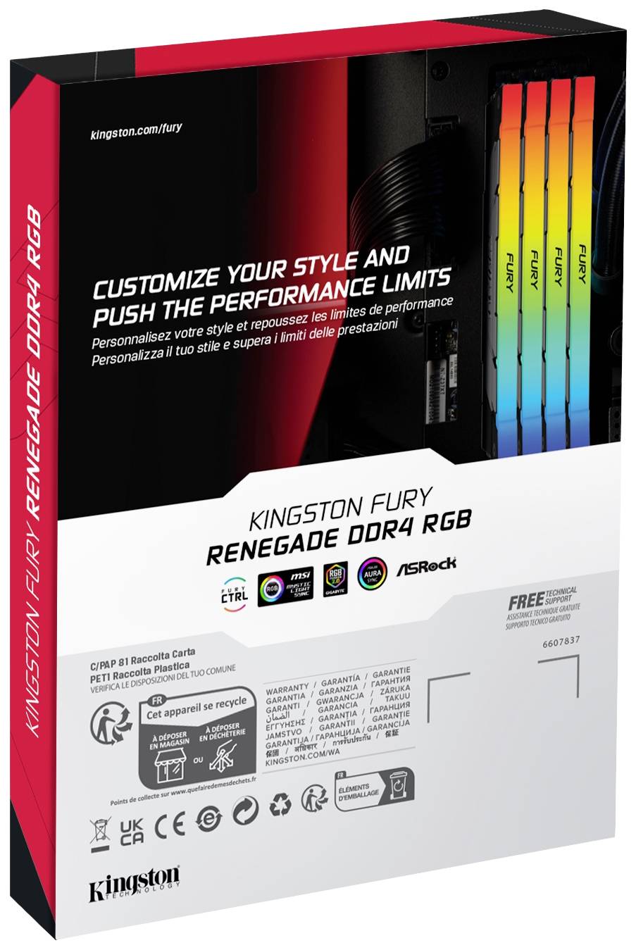Die Verpackung zeigt Kingston Fury Renegade DDR4 RGB Arbeitsspeicher. Sie betont Leistung und Anpassungsfähigkeit.