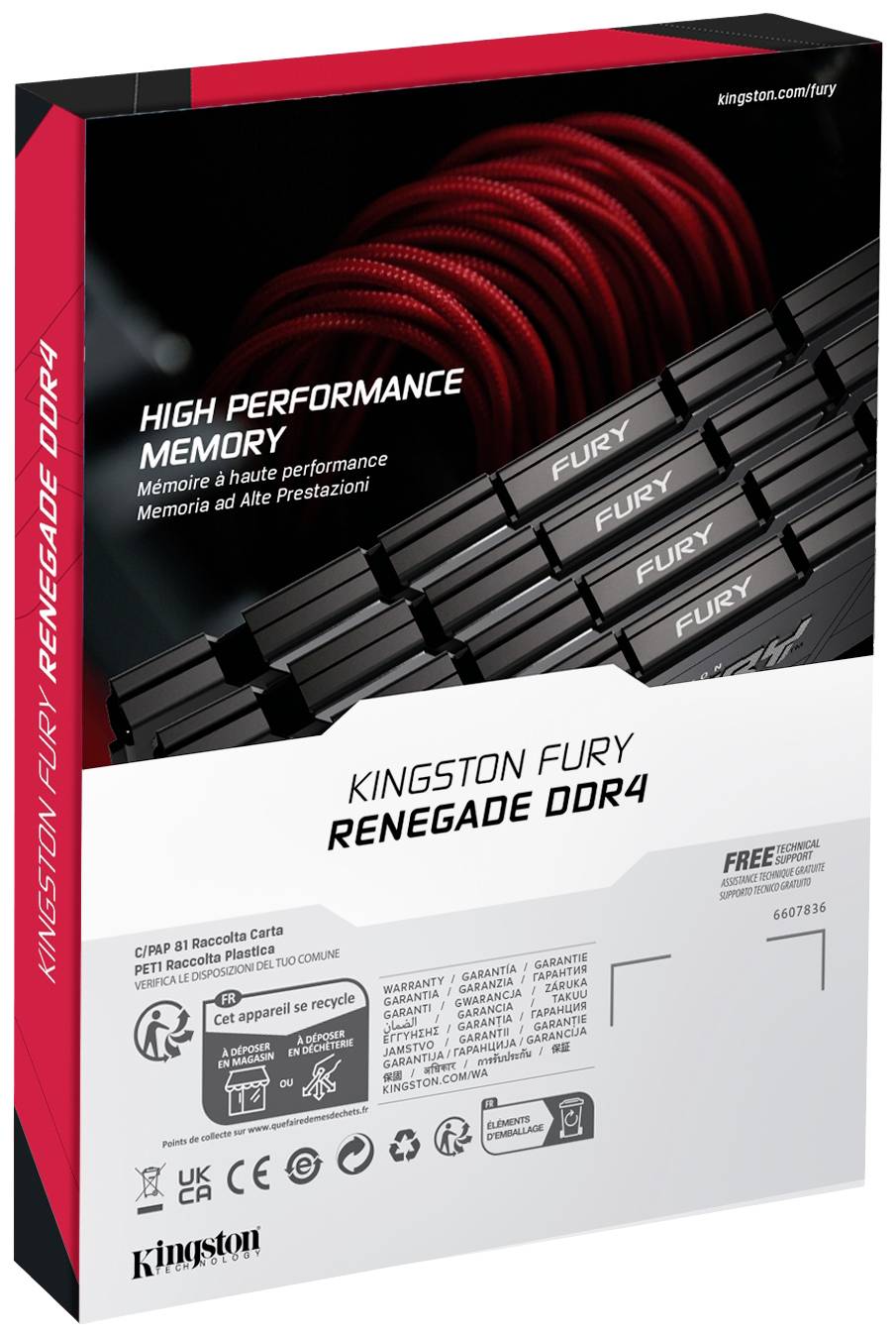 'Kingston Fury Renegade DDR4' Verpackung, zeigt hohe Leistungsspeicher. Mehrsprachiger Text 'High Performance Memory' auf der Vorderseite.