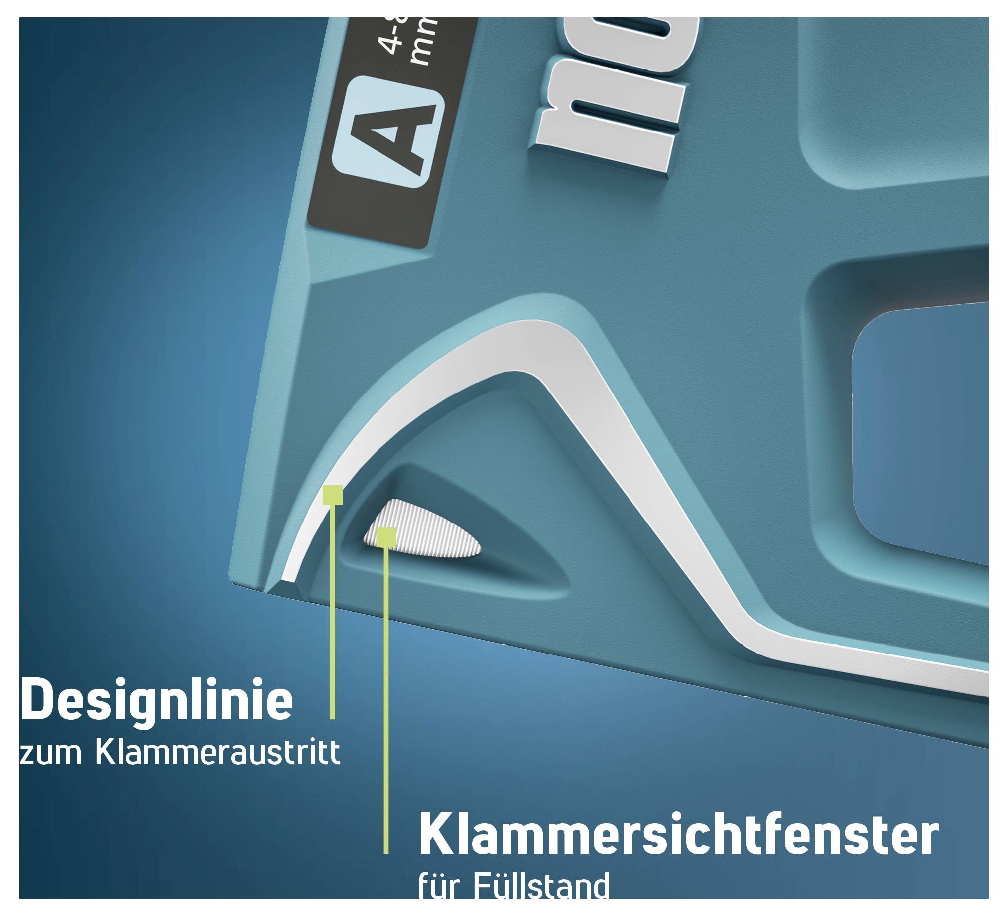 Werbegrafik einer blauen Verpackung mit markierten Produktdetails: 'Designlinie', 'Klammeraustritt' und 'Klammersichtfenster für Füllstand'.