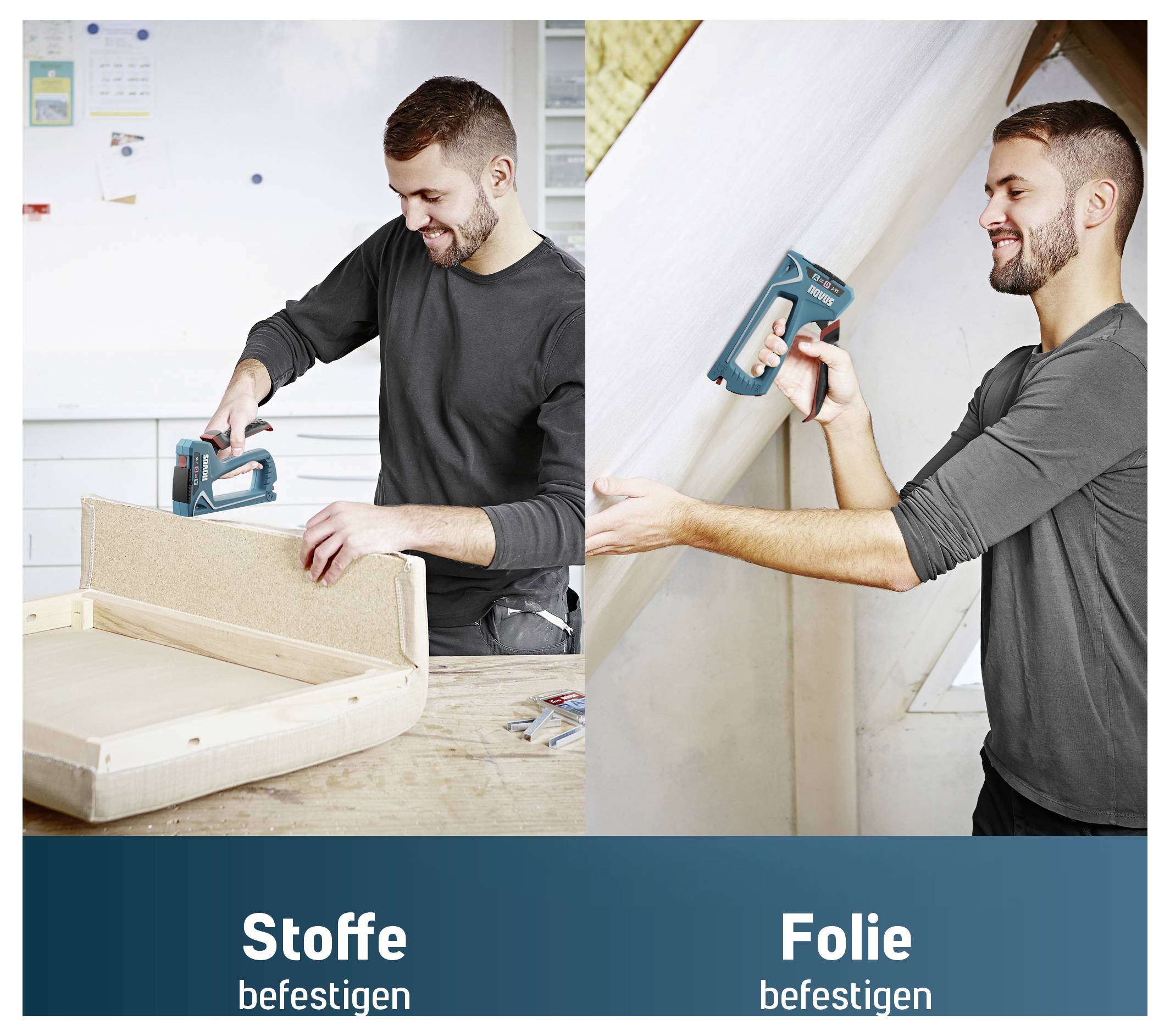 Vergleich: Mann befestigt Stoff und Folie mit einem Tacker; Beschriftung 'Stoffe befestigen' und 'Folie befestigen'.