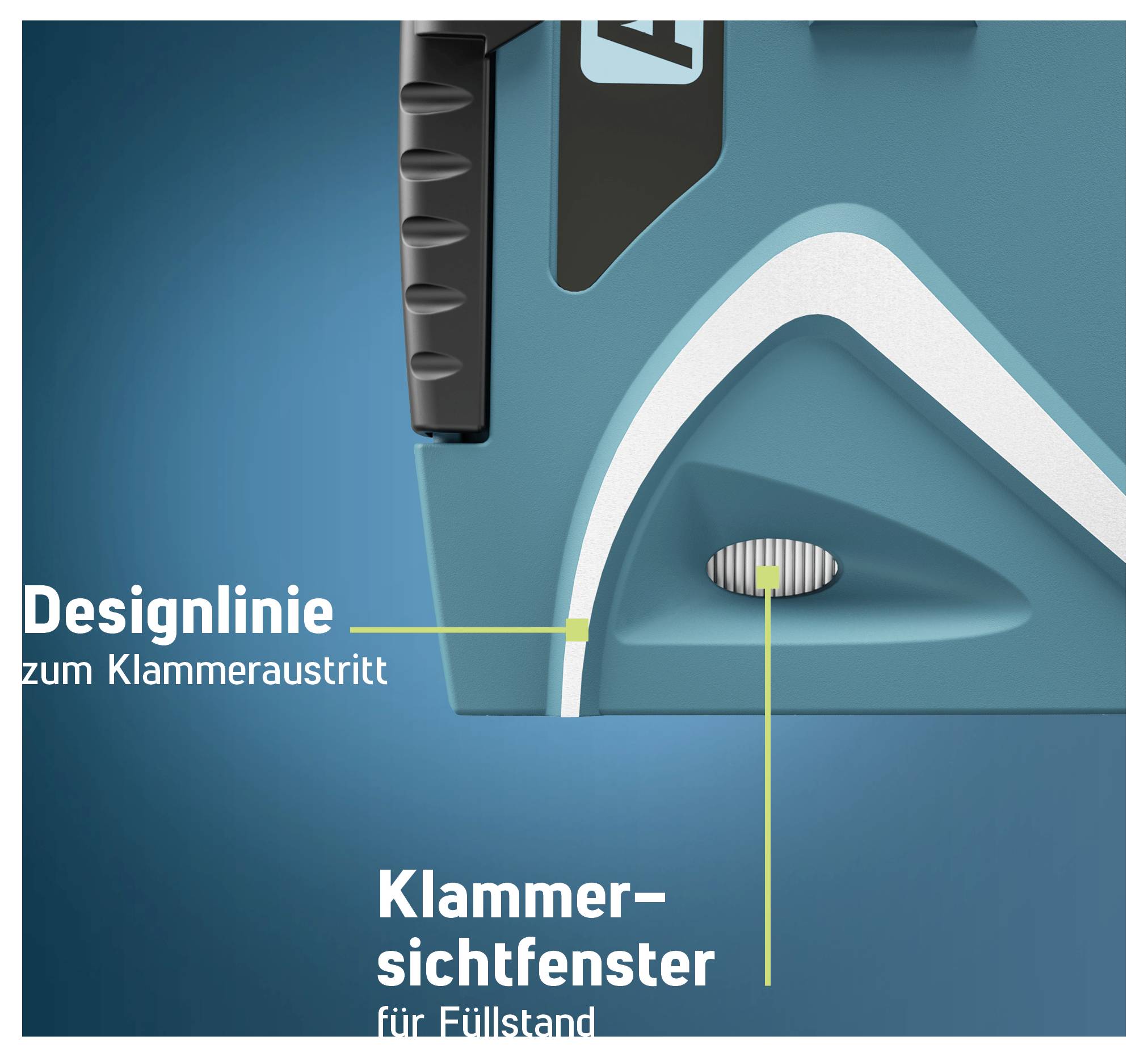Illustration eines Werkzeugs mit markiertem 'Klammersichtfenster' und 'Designlinie zum Klammeraustritt' zur Anzeige des Füllstands.