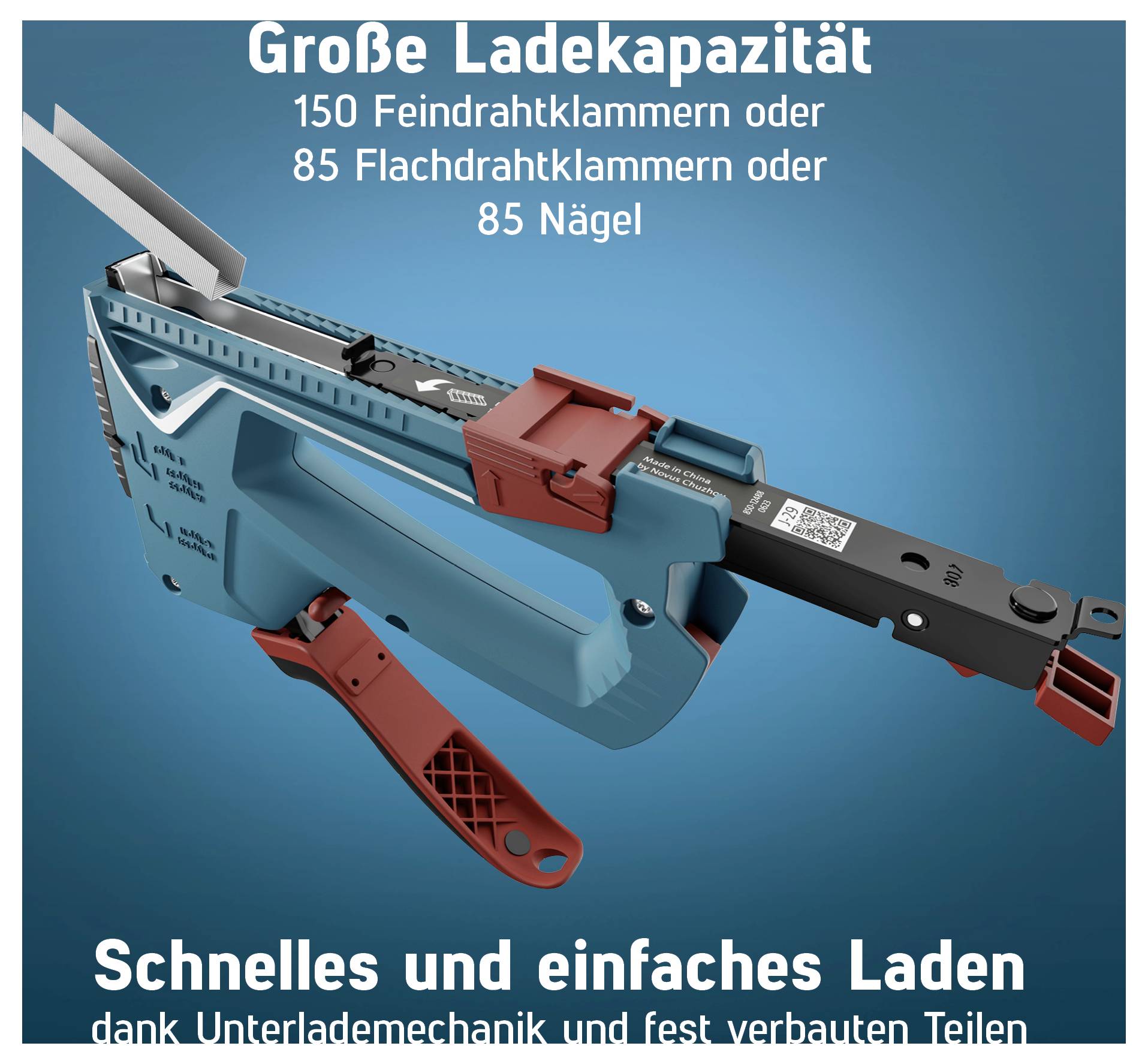 Werbegrafik eines blauen Handtackers mit der Aufschrift 'Große Ladekapazität': 150 Feindrahtklammern, 85 Flachdrahtklammern oder 85 Nägel.