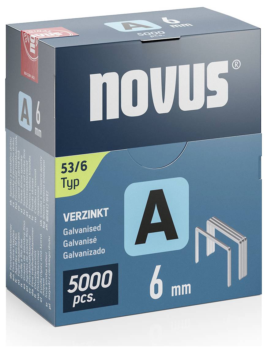 Verpackung mit 5000 verzinkten Heftklammern, Typ 53/6, Größe 6 mm, der Marke Novus.