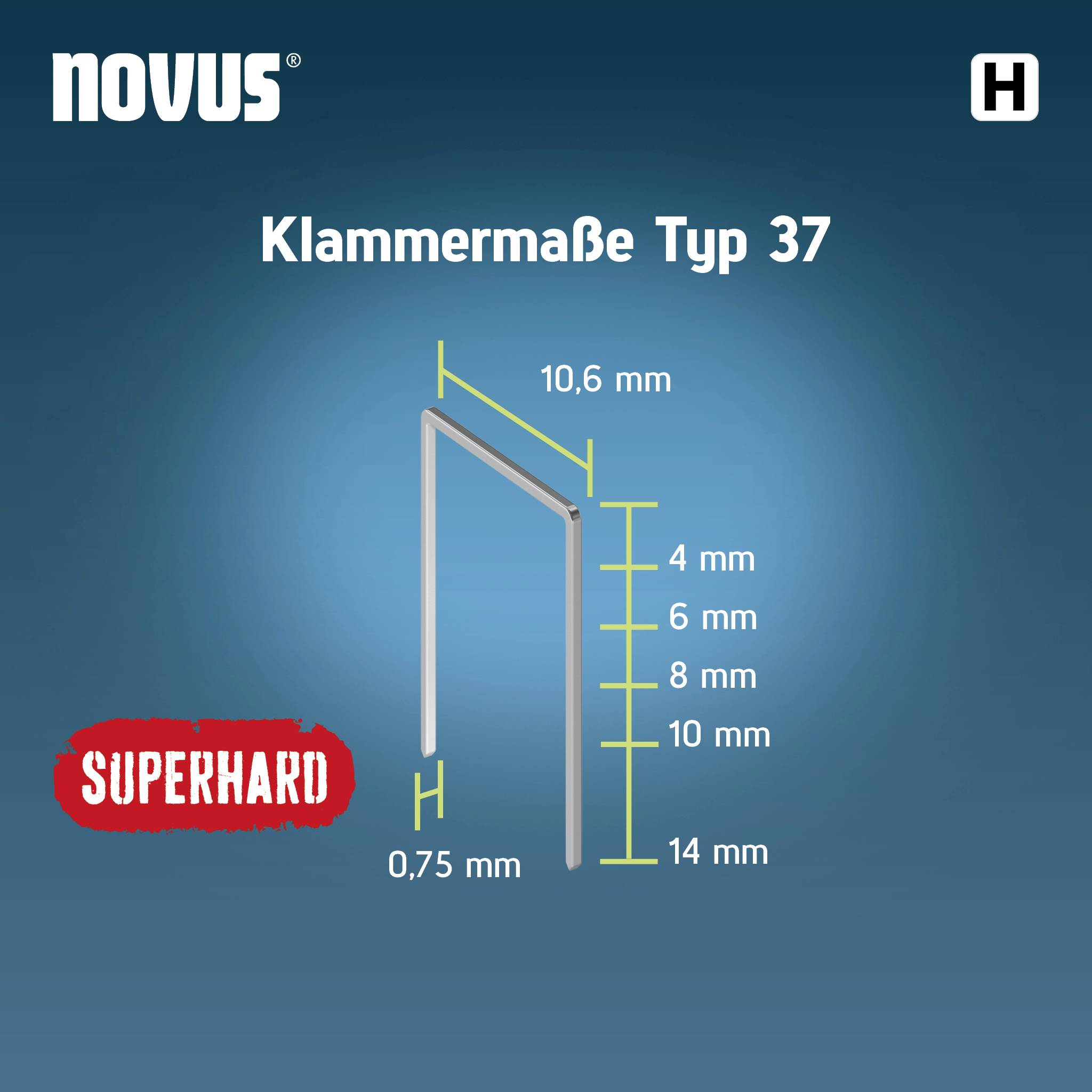 Klammermaß Typ 37 von Novus: Breite 10,6 mm, Höhe 4-14 mm, Drahtstärke 0,75 mm. Produktname 'SUPERHARD' sichtbar.