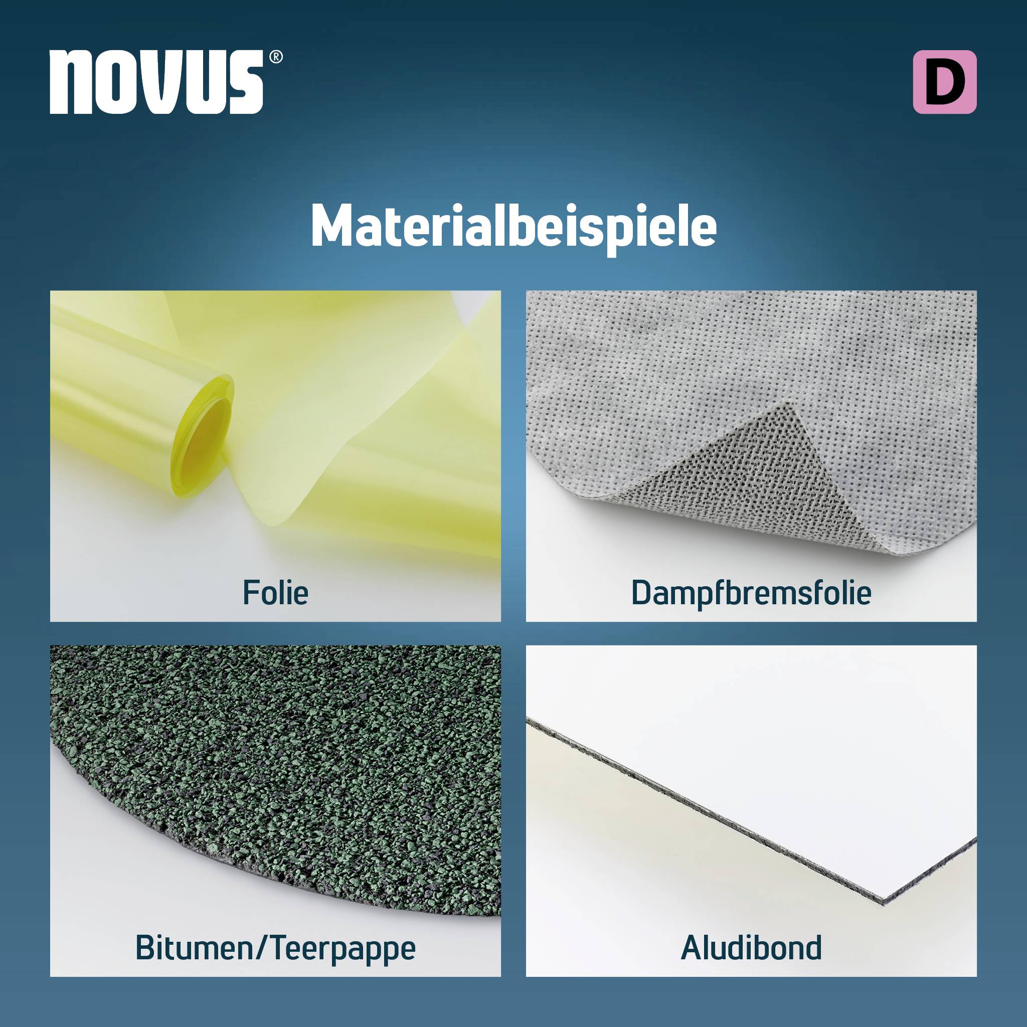 'Materialbeispiele' oben in der Mitte. Vier Materialien: Folie, Dampfbremsfolie, Bitumen/Teerpappe, Aludibond.