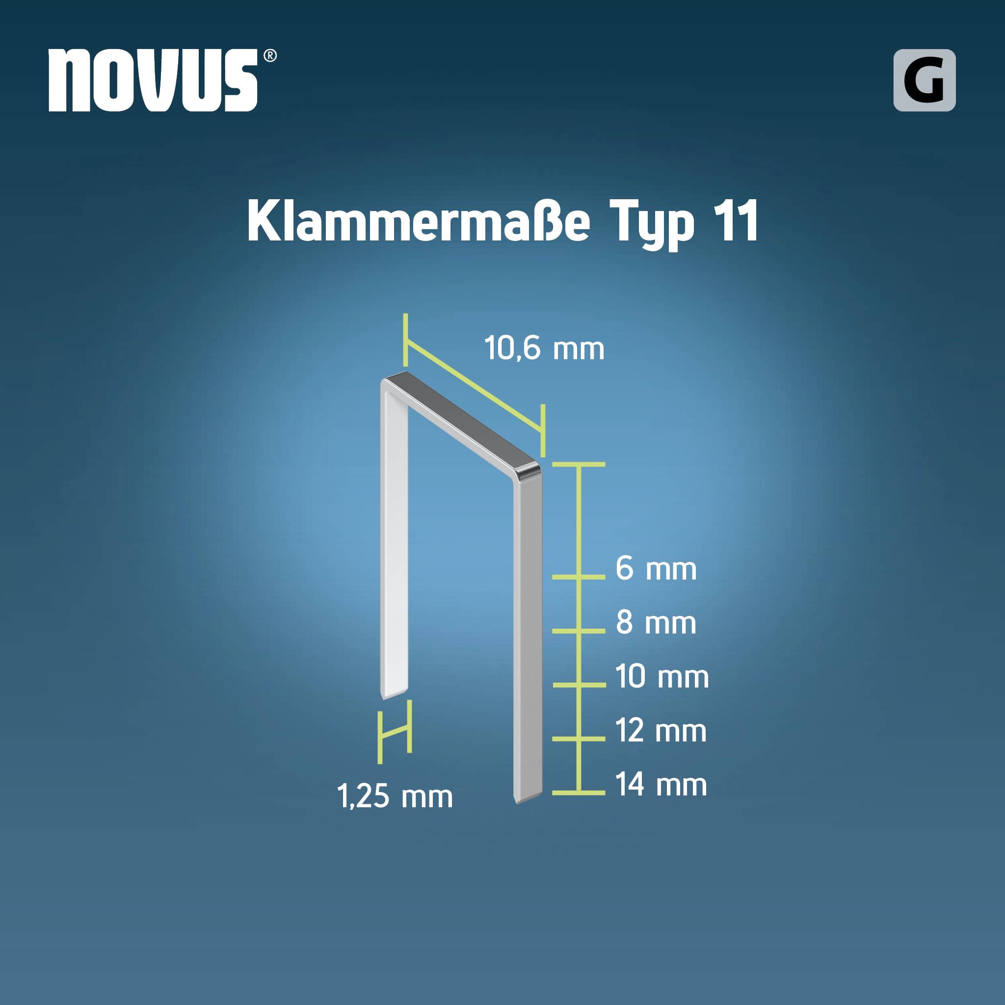 'Novus Klammermaße Typ 11' zeigt eine Heftklammer mit Maßen: Breite 10,6 mm, Höhe 1,25 mm. Größen: 6, 8, 10, 12, 14 mm.