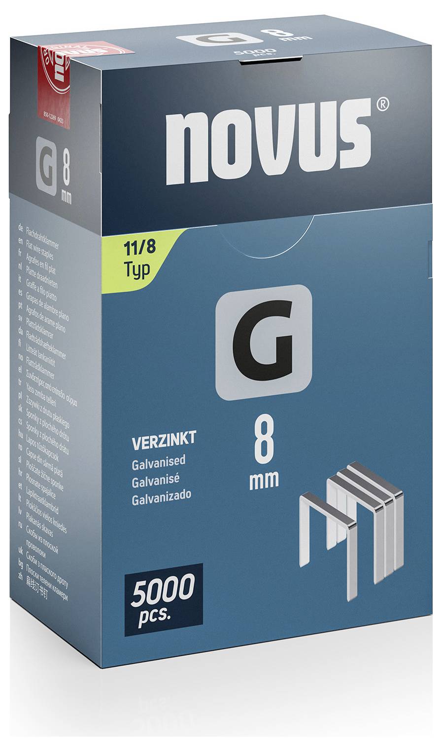 Die Verpackung zeigt 'G' Typ Heftklammern, 8 mm, verzinkt, 5000 Stück. Markenname oben. Zielgruppe: Heim- und Handwerksanwender.