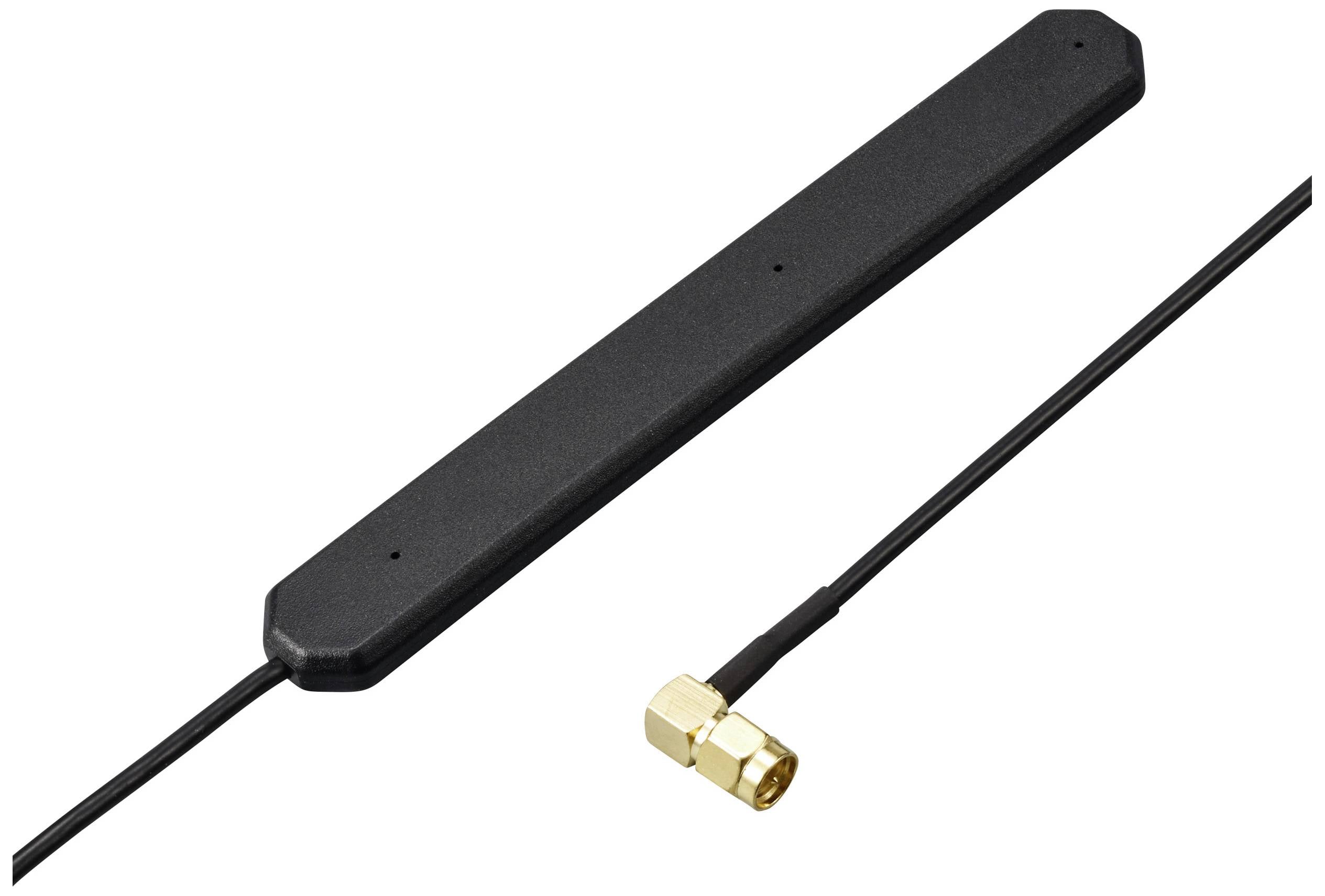 Schwarze Stabantenne mit Kabel und goldfarbenem Steckverbinder, geeignet für drahtlose Kommunikationsgeräte.