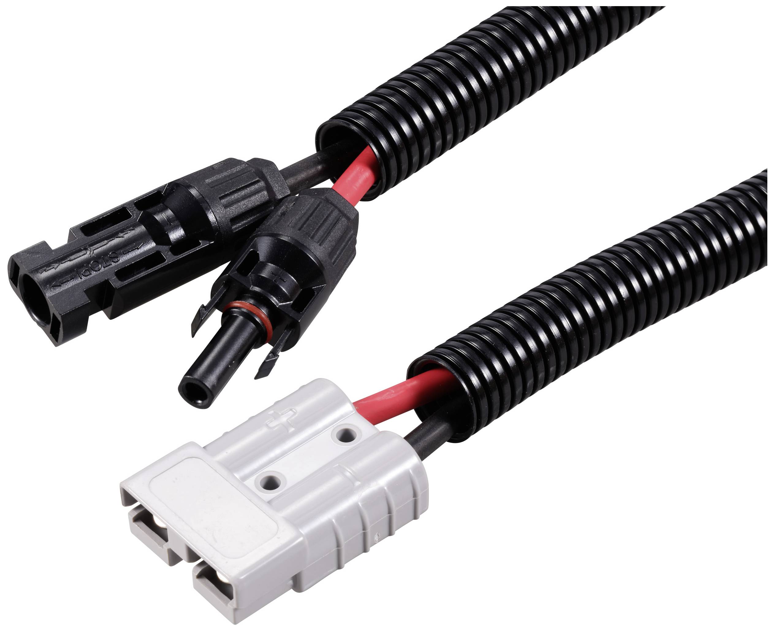 Ein Kabel mit zwei Steckverbindern: ein schwarzer MC4 und ein grauer Anderson-Stecker. Spiralisierte Außenschicht, schwarz ummantelt.