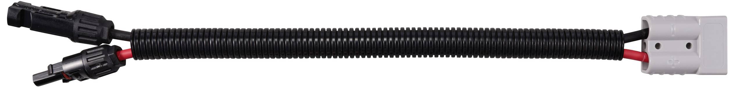 Kabeladapter: Verbinden eines Solaranschlusses mit einem Stromwandler. Schwarze Schutzhülle mit rotem und schwarzem Kabel.