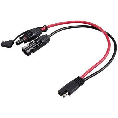 Rotes und schwarzes Solarpanel-Verlängerungskabel mit MC4-Steckverbindern auf der einen Seite und einem flachen Anschluss auf der anderen.