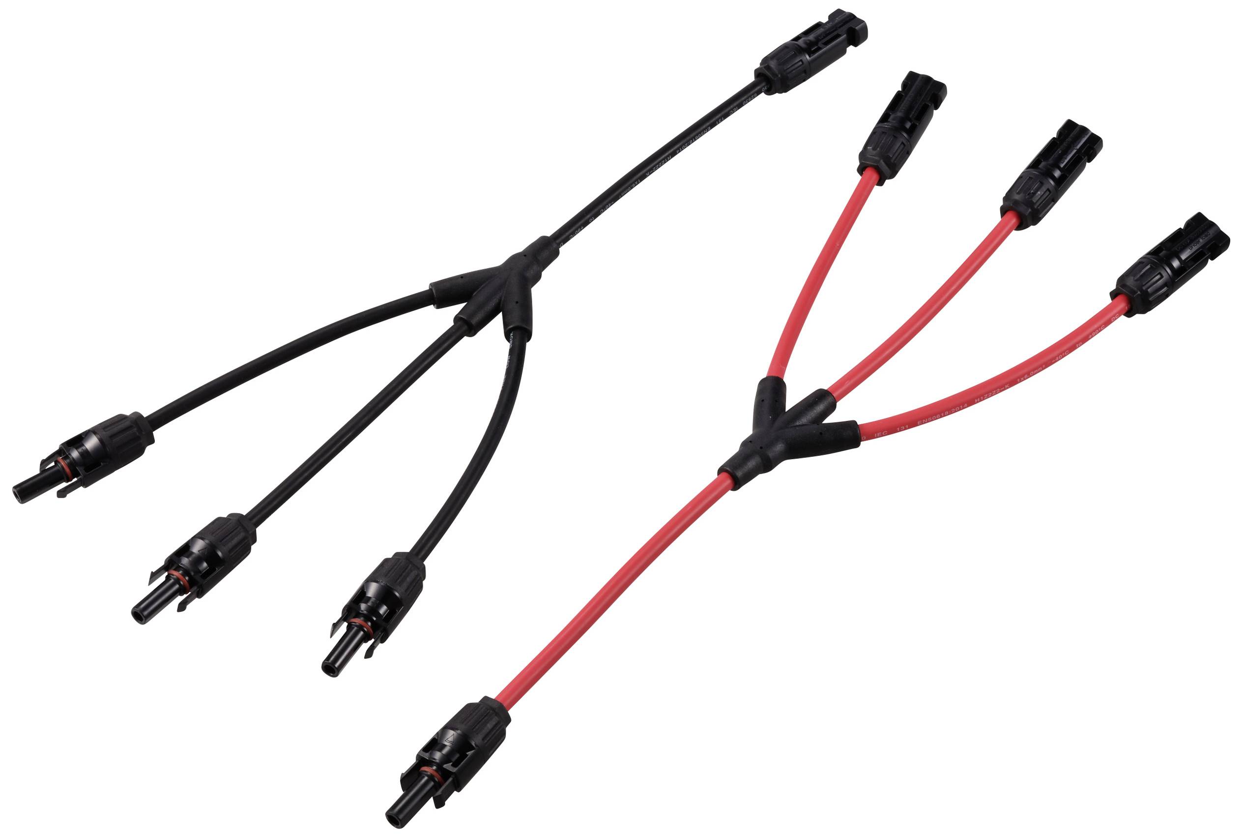 'Zwei Sätze von Solarkabel-Verteilern mit Y-Form, links in Schwarz und rechts in Rot, zeigen Verteilungs- und Verbindungsmöglichkeiten.'