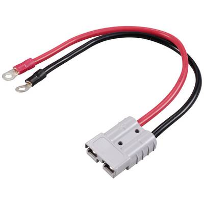 Graues Batterieanschlusskabel mit einem roten und einem schwarzen Draht, jeweils mit einem Ringkabelschuh.