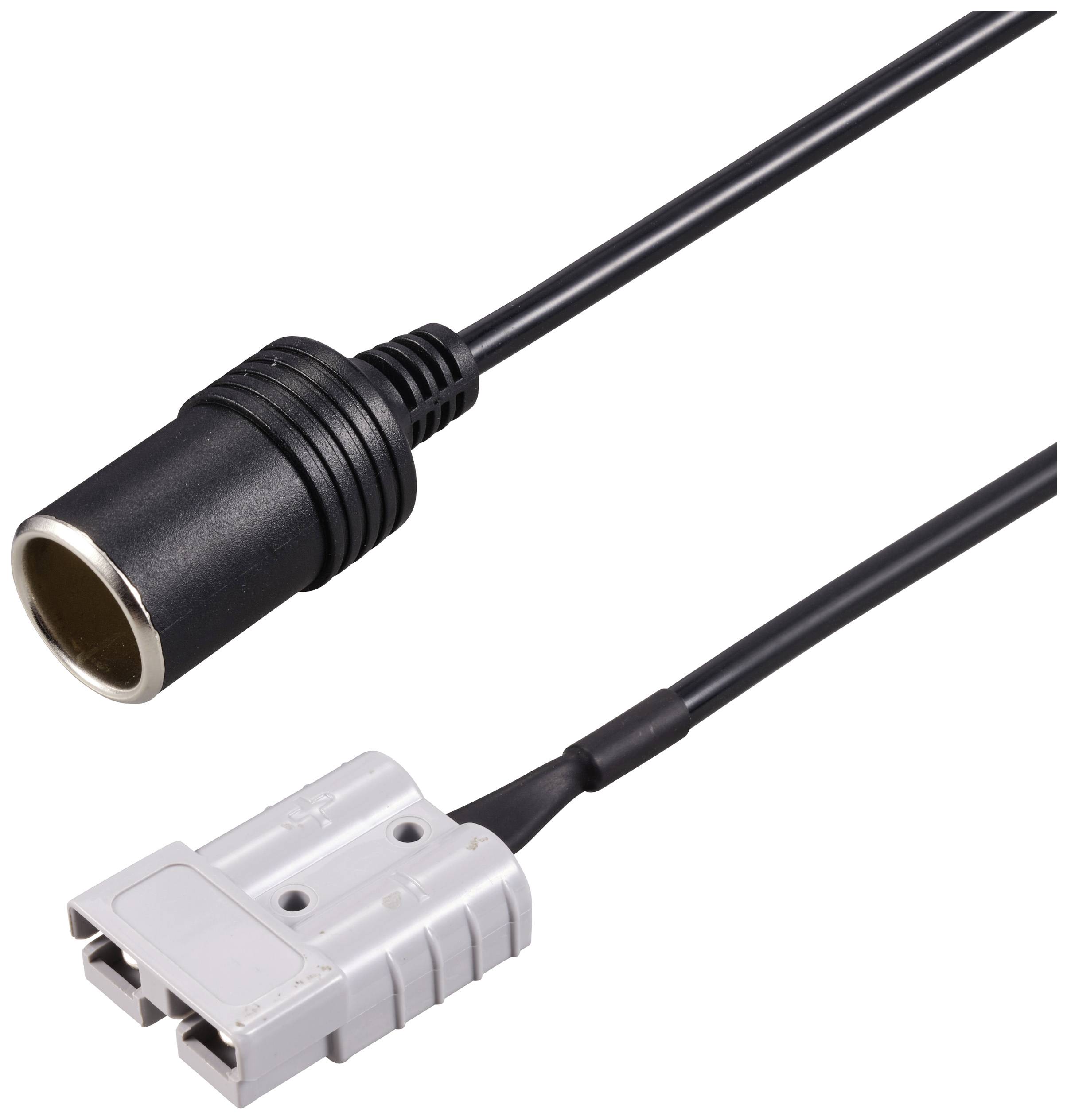 Zwei Kabel mit verschiedenen Steckverbindern, eines mit einem schwarzen runden Anschluss und das andere mit einem grauen rechteckigen Stecker.