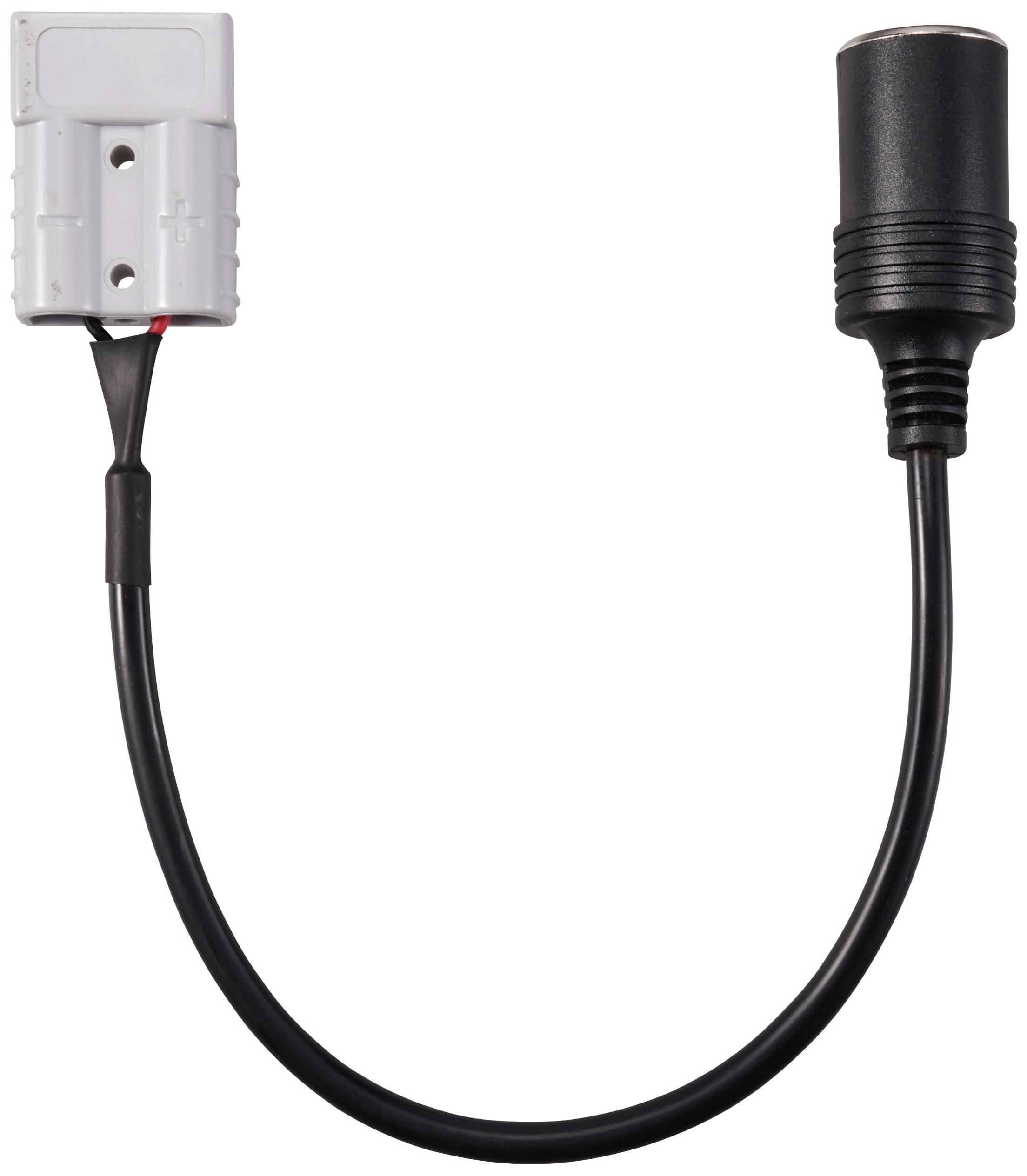 Schwarzes Adapterkabel mit rechteckigem weißen Stecker auf einer Seite und rundem schwarzem Buchsenanschluss auf der anderen Seite.