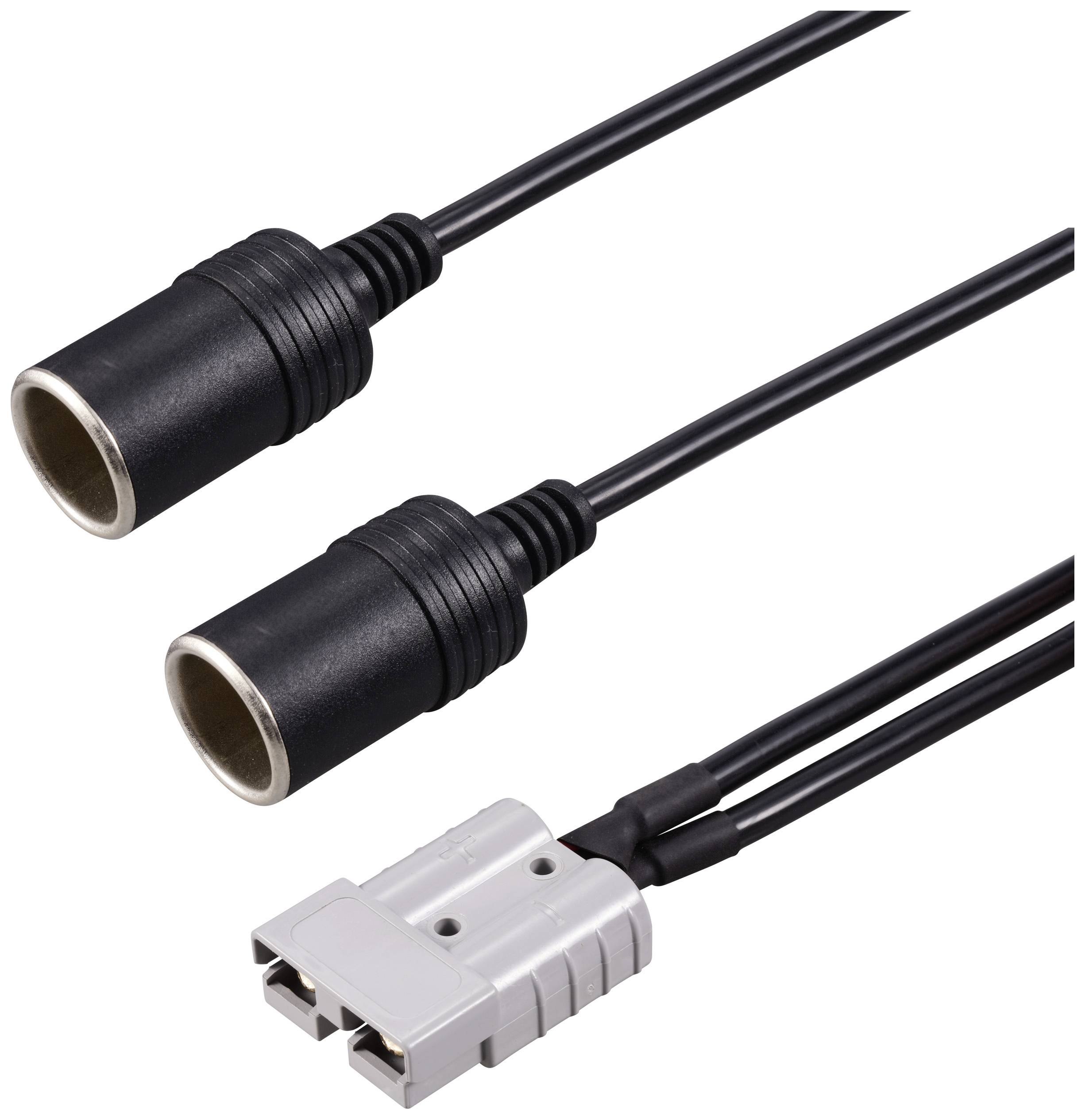 Ein schwarzes Kabel mit einer grauen Steckerverbindung und zwei schwarzen Buchsen. Eignet sich zum Verbinden von elektronischen Geräten.