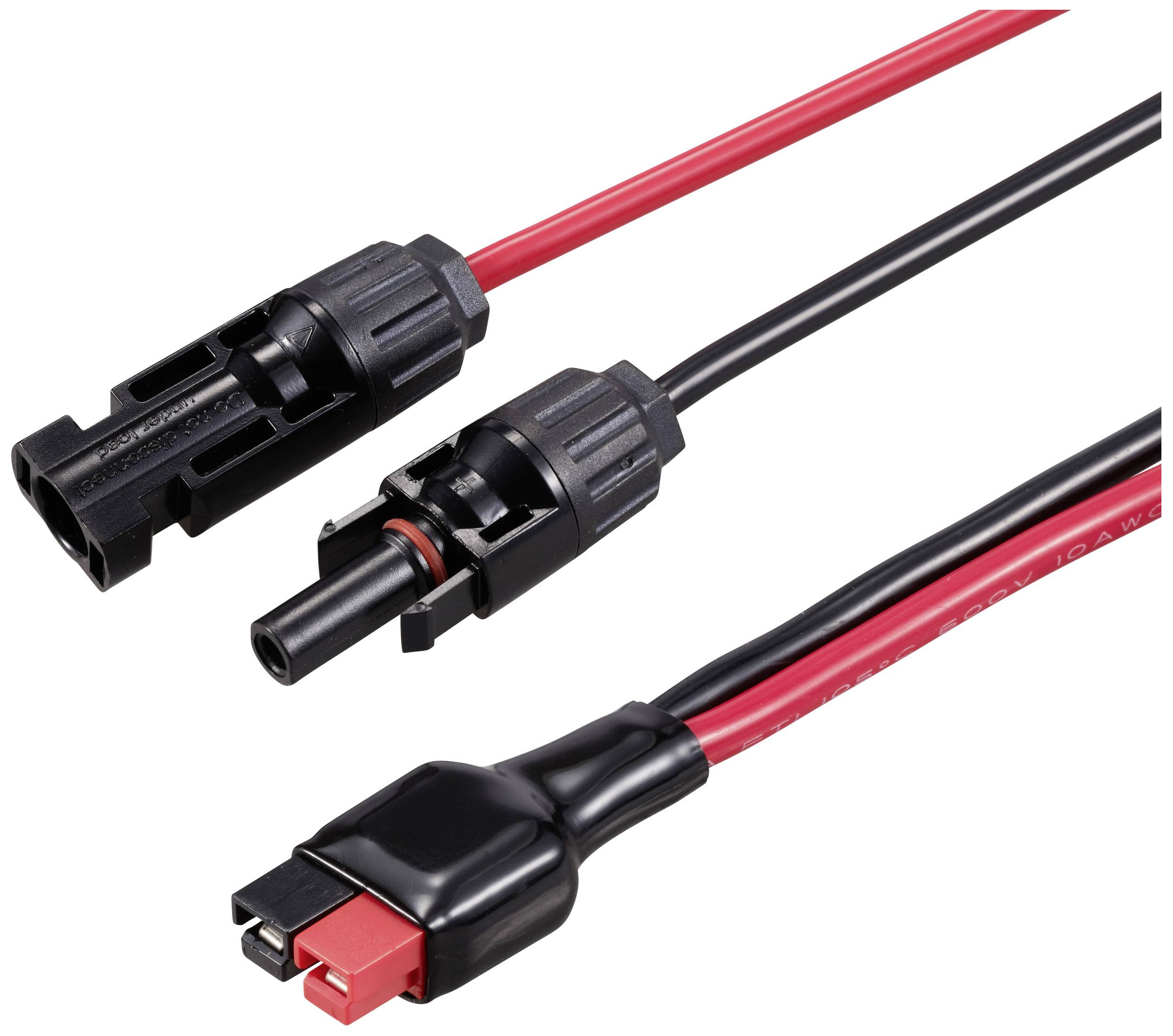 Zwei MC4-Stecker an einem roten und schwarzen Kabel. Die Stecker sind geöffnet, um den Kontaktmechanismus zu zeigen.