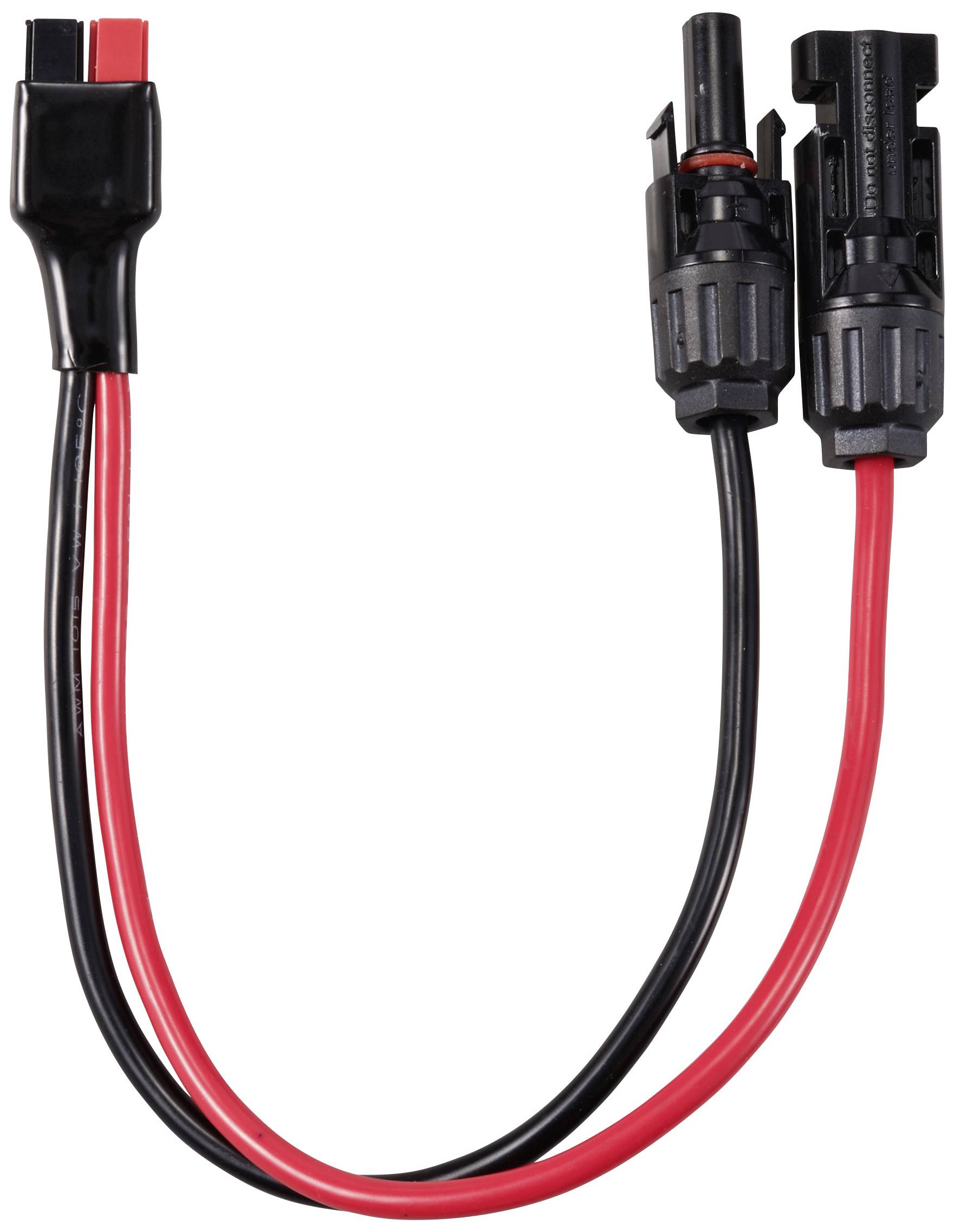 Ein schwarzer und ein roter Solarkabel-Adapter mit zwei Anschlüssen ist auf weißem Hintergrund abgebildet.
