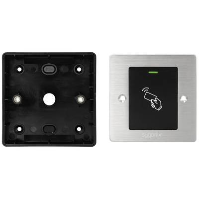 Ein RFID-Kartenleser in Edelstahloptik neben einer leeren schwarzen Befestigungsplatte. Der Leser zeigt ein Symbol einer Hand mit Karte.