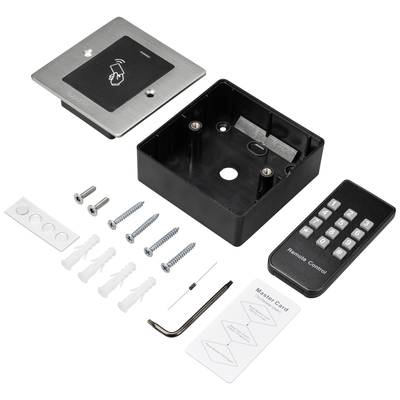 Teile eines Türschlosssystems mit Touchpad, Fernbedienung und Befestigungsmaterial, darunter Schrauben, Dübel und Inbusschlüssel.