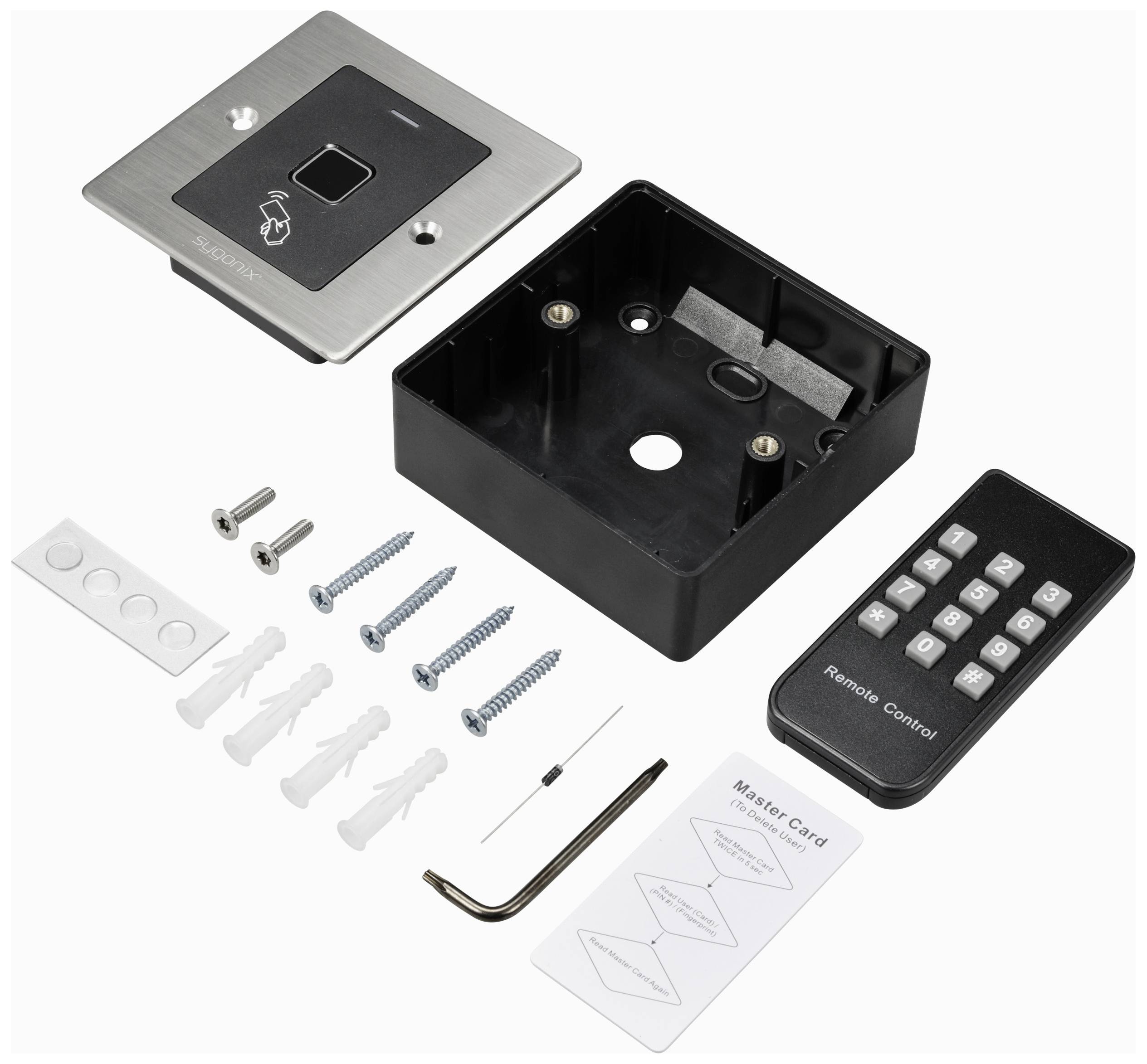 Ein RFID-Türschloss-Set mit Lesegerät, Halterung, Fernbedienung, Schrauben, Dübeln, Wandplatte, Sechskantschlüssel, und Anleitungskarten.