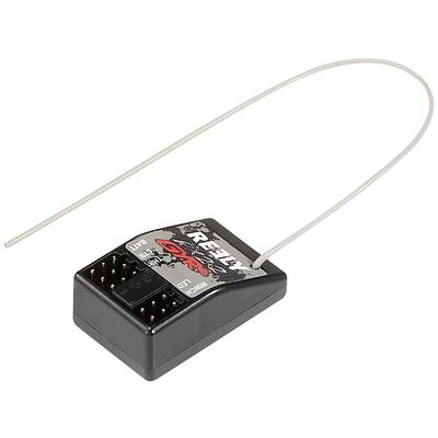 Ein schwarz-roter Funkempfänger mit Antenne für RC-Modelle, zeigt Anschlüsse und Markenaufdruck.