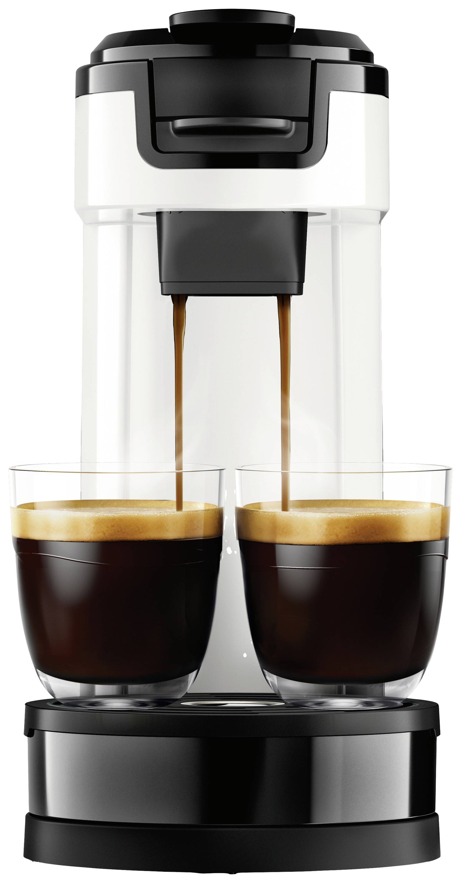 Eine Kaffeemaschine füllt zwei Gläser mit frisch gebrühtem Kaffee.