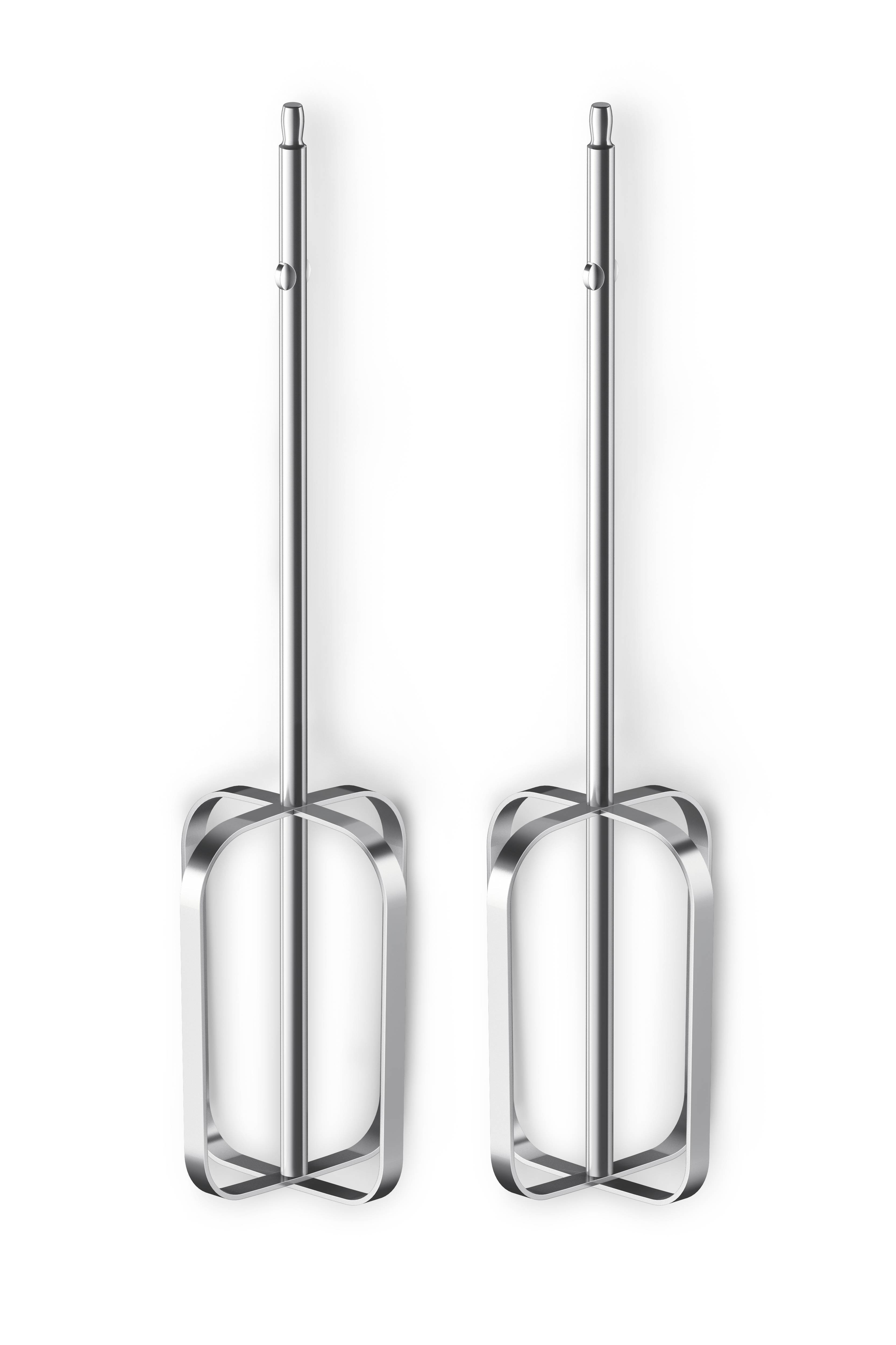 Zwei silberne Mixer-Knethaken nebeneinander auf weißem Hintergrund.