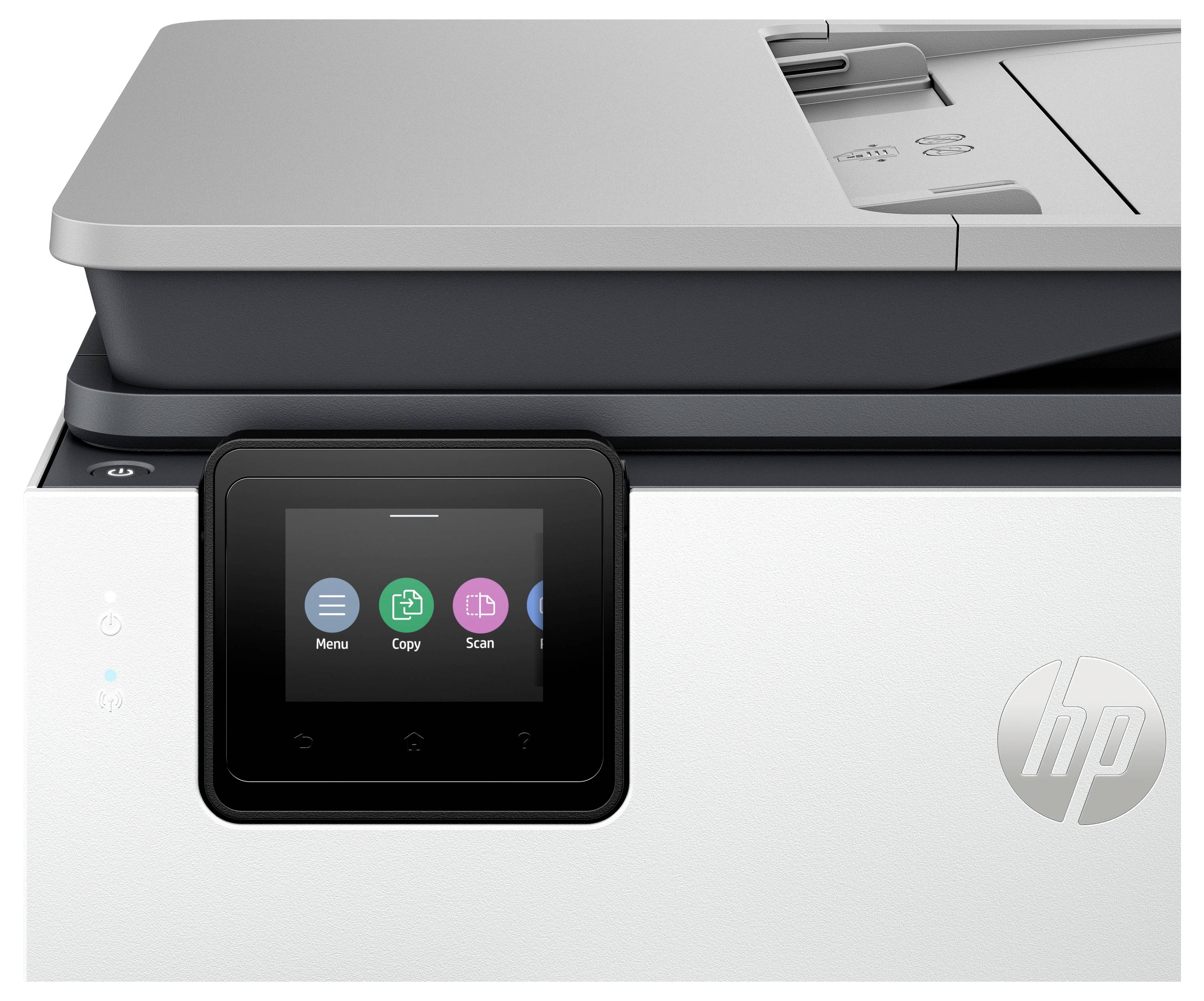 Frontalansicht eines HP Multifunktionsdruckers mit einem Touchscreen, auf dem die Symbole Menü, Kopieren und Scannen angezeigt werden.