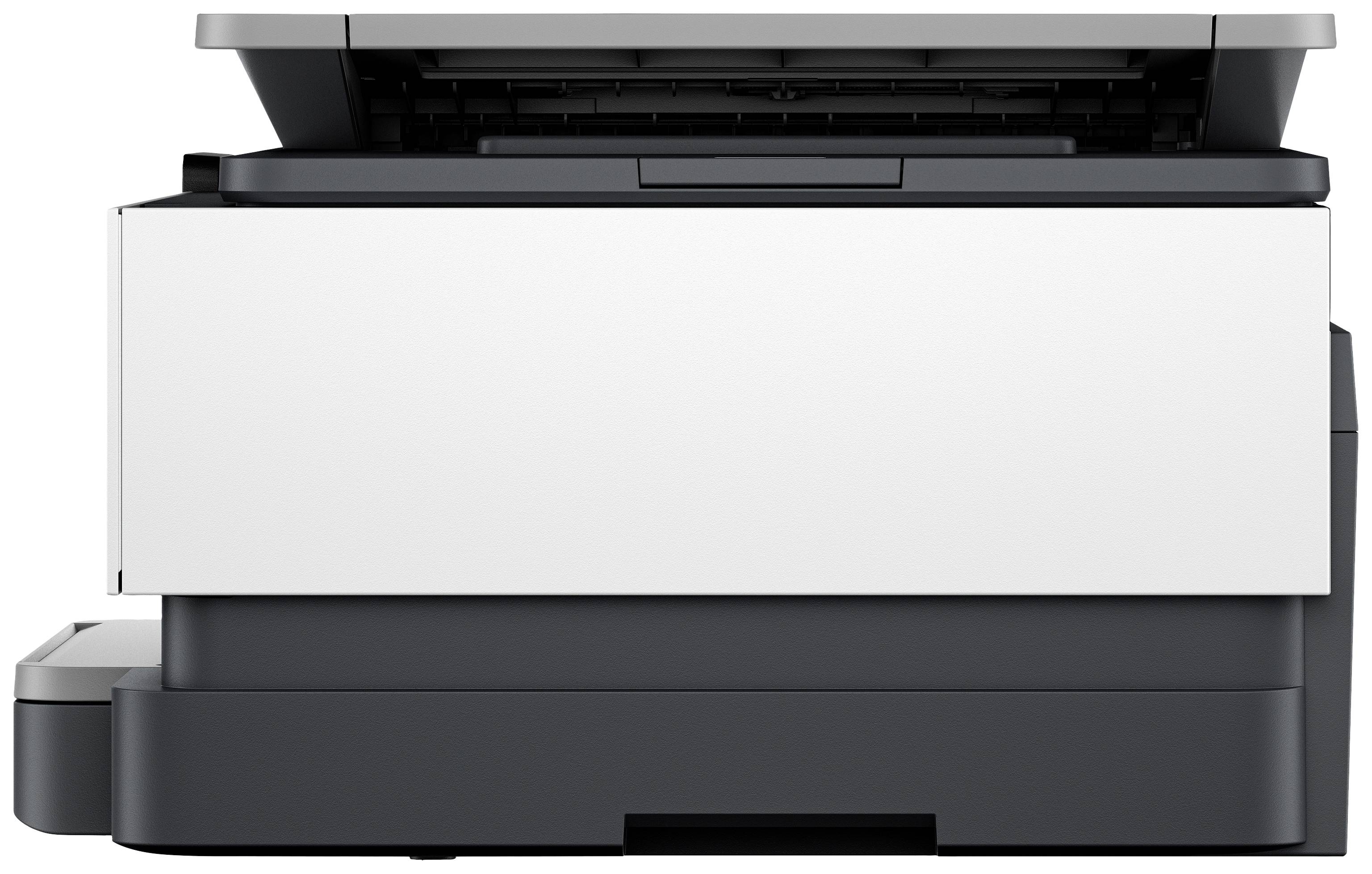 Ein moderner Multifunktionsdrucker mit offenem Scannerdeckel, geeignet für Drucken, Scannen und Kopieren in einem Büro.