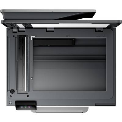 Ein moderner Drucker von oben gesehen, mit offenem Scannerdeckel und Sicht auf das Glasbett, bereit für Kopier- oder Scanaufgaben.